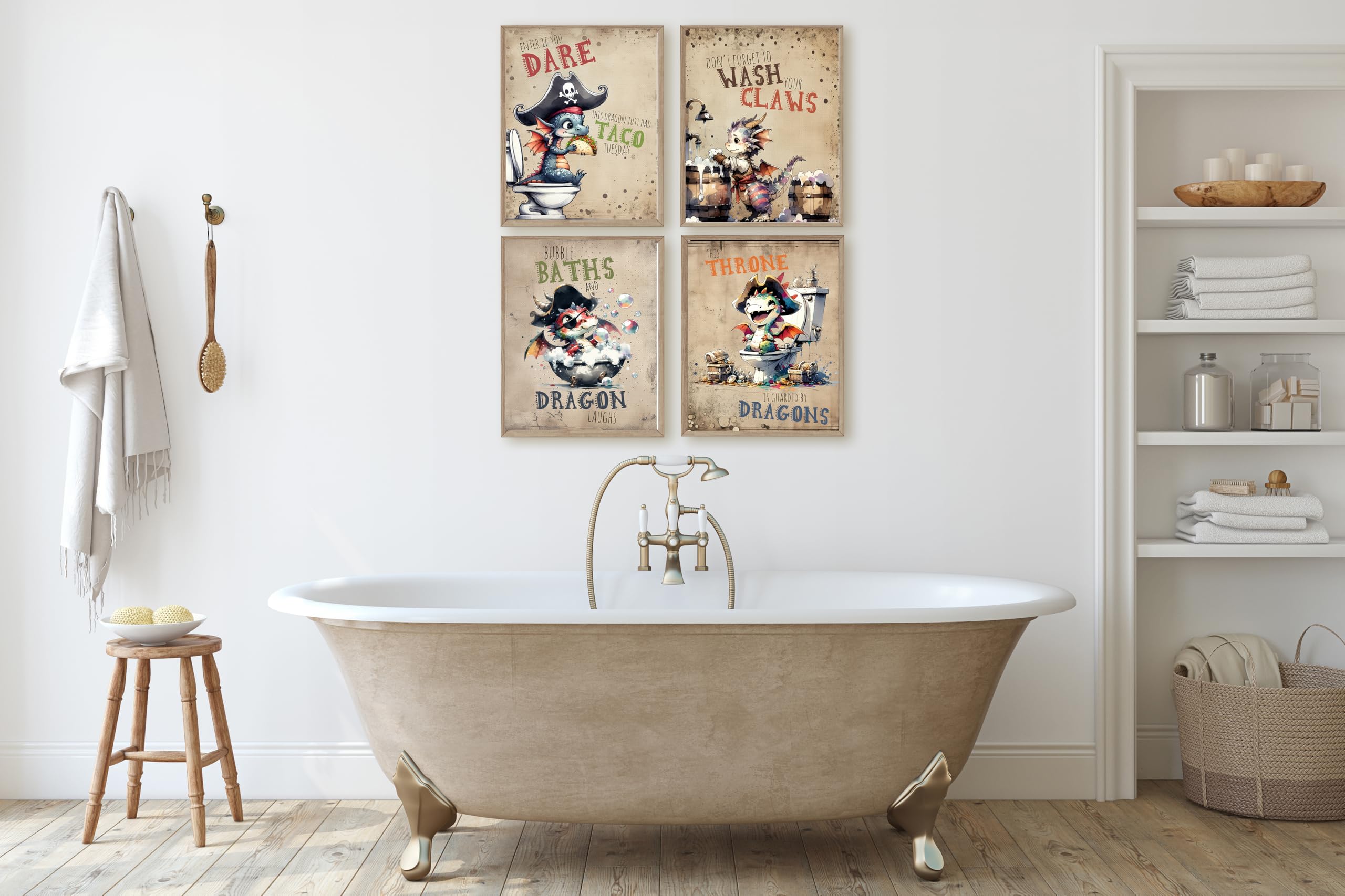 Funny Dragon Bathroom Wall Art Prints - Kids Decor, 8x10
