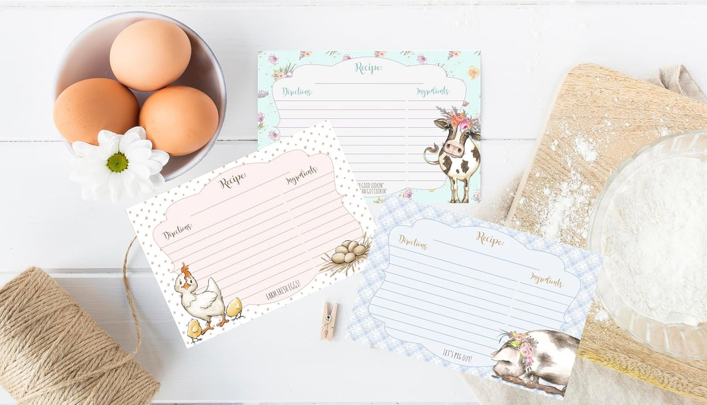 Silly Goose Gifts Lets Pig Out! Farm Themed Recipe Cards - 4x6 Recipe Cards, Vintage Retro Recipe Cards Perfect for Wedding, Housewarming Bridal Shower Gifts & More, Rustic Farmhouse Animal Chicken Cow Recipe Cards, 24 Set