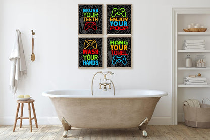 Silly Goose Gifts Video Gamer Themed Bathroom Reminders Wall Art Print Decor Decoration Game (Set of 4) Bright Neon Gaming