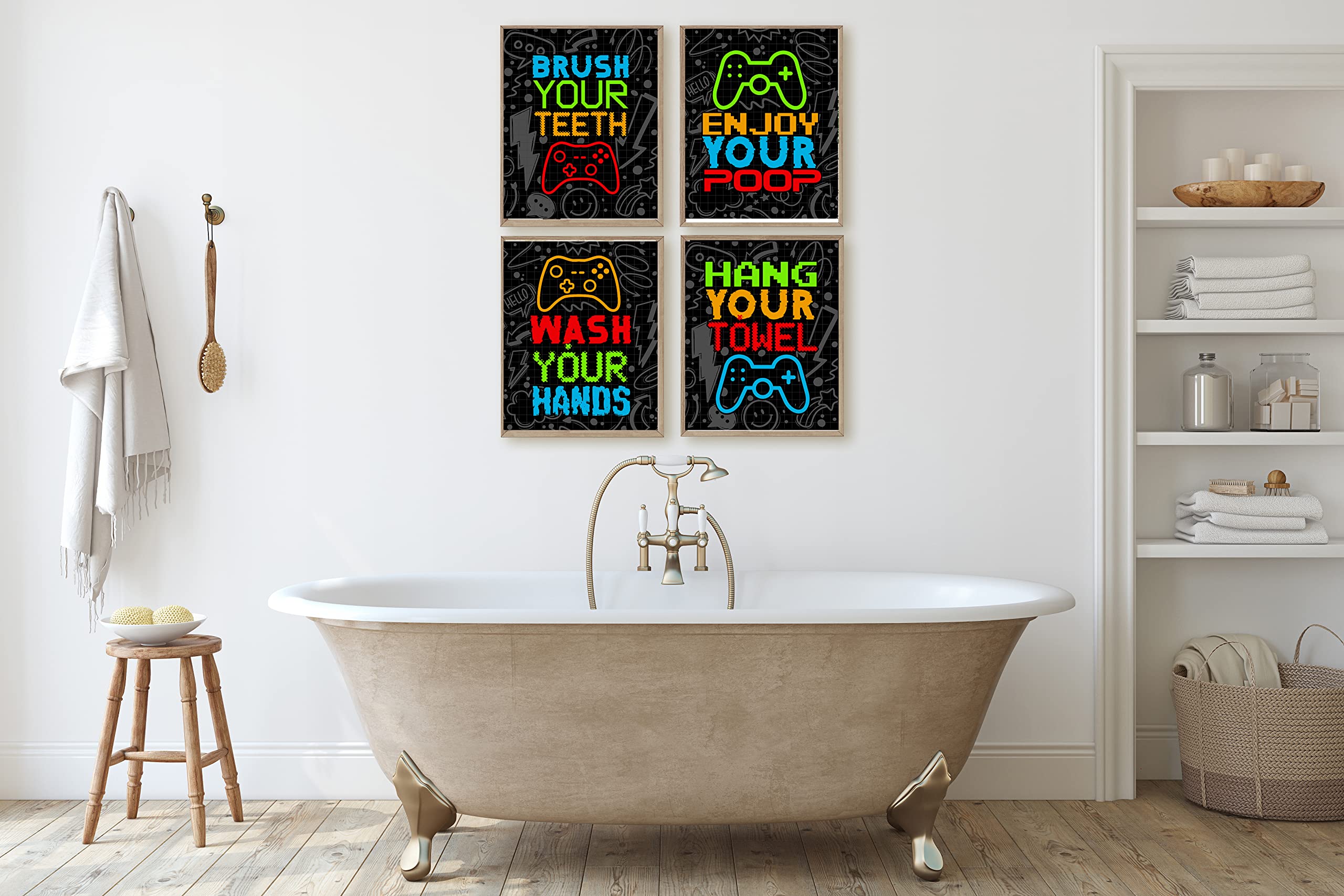 Neon Video Gamer Bathroom Wall Art Prints - Set of 4