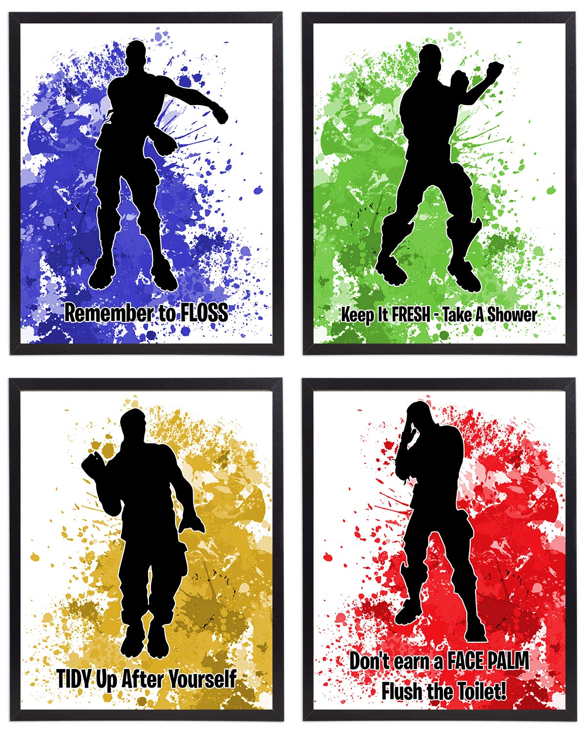 Funny Video Gamer Dance Moves Emote Fort Battle Drop Royale Themed Bathroom Wall Art Prints Decor (Set of 4) Bath Reminder Pictures Sign Poster Decoration