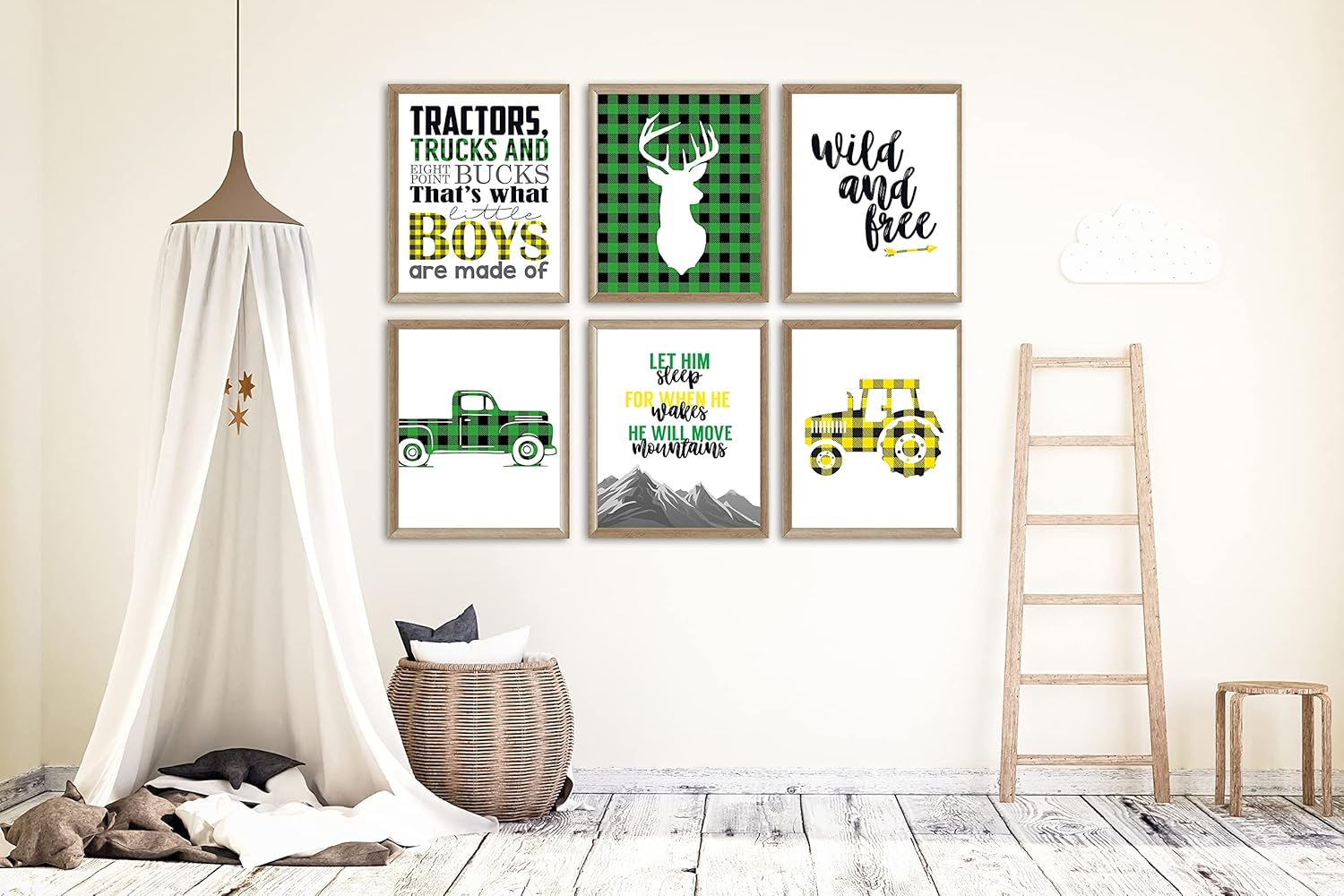 Green Yellow Buffalo Plaid Deer Tractor Truck Hunting Themed Children Wall Art Print Decor