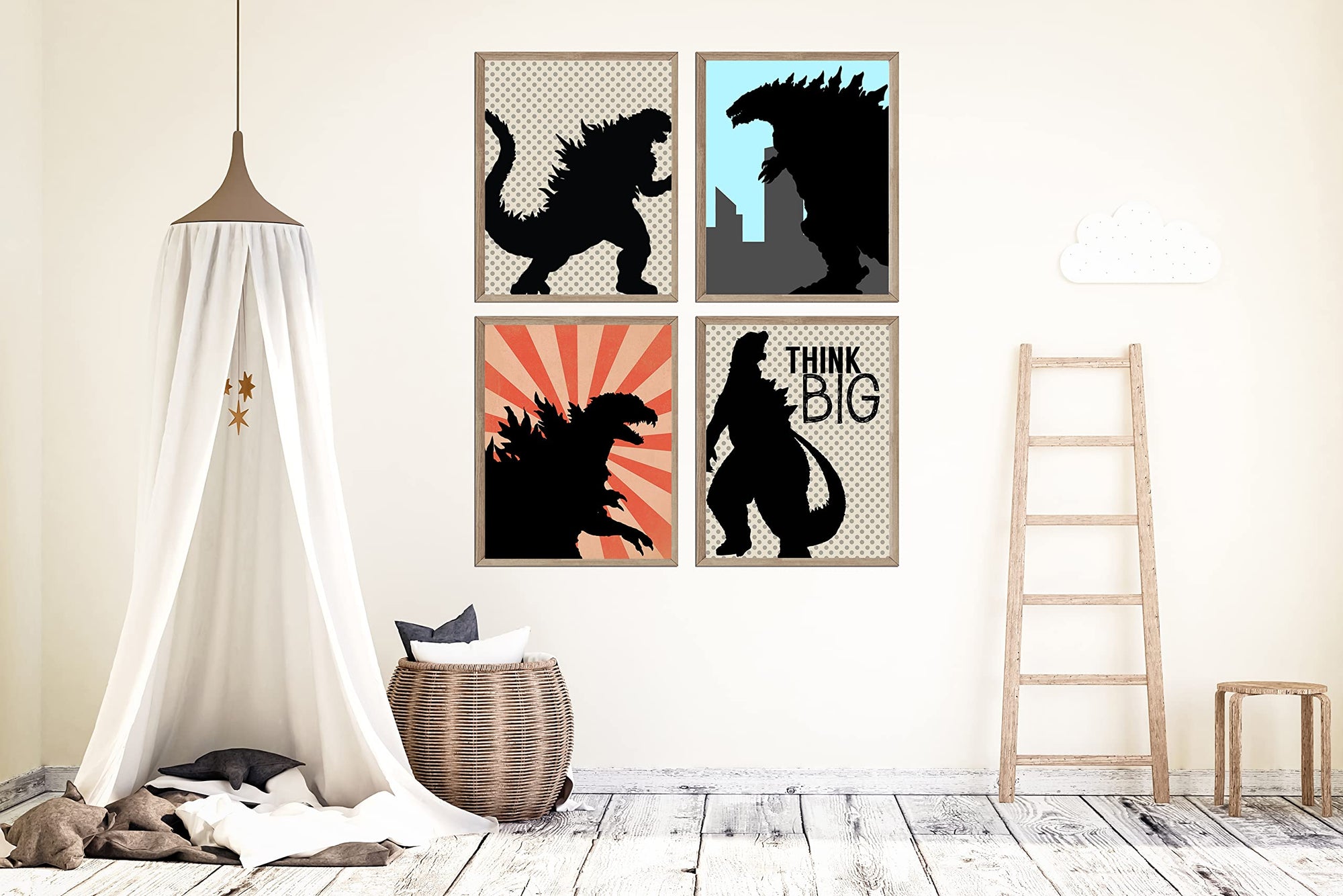 Grey monster dragon comic kids room wall art print set