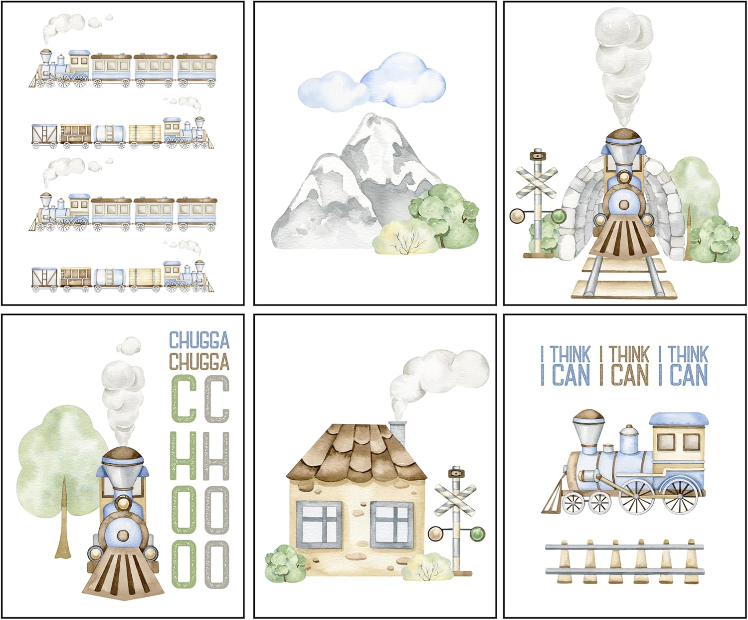 Choo Choo Train Themed Wall Art Prints (Set of 6) Nursery Kids Room Decor 8x10in
