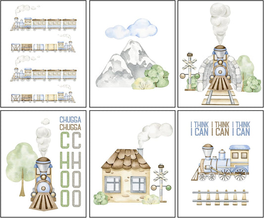 Silly Goose Gifts Choo Choo Train Themed Wall Art Prints (Set of 6) Hanging Picture Nursery Kids Room Decor 8x10in Soft Neutral Colors Green Grey Brown Blue Watercolor