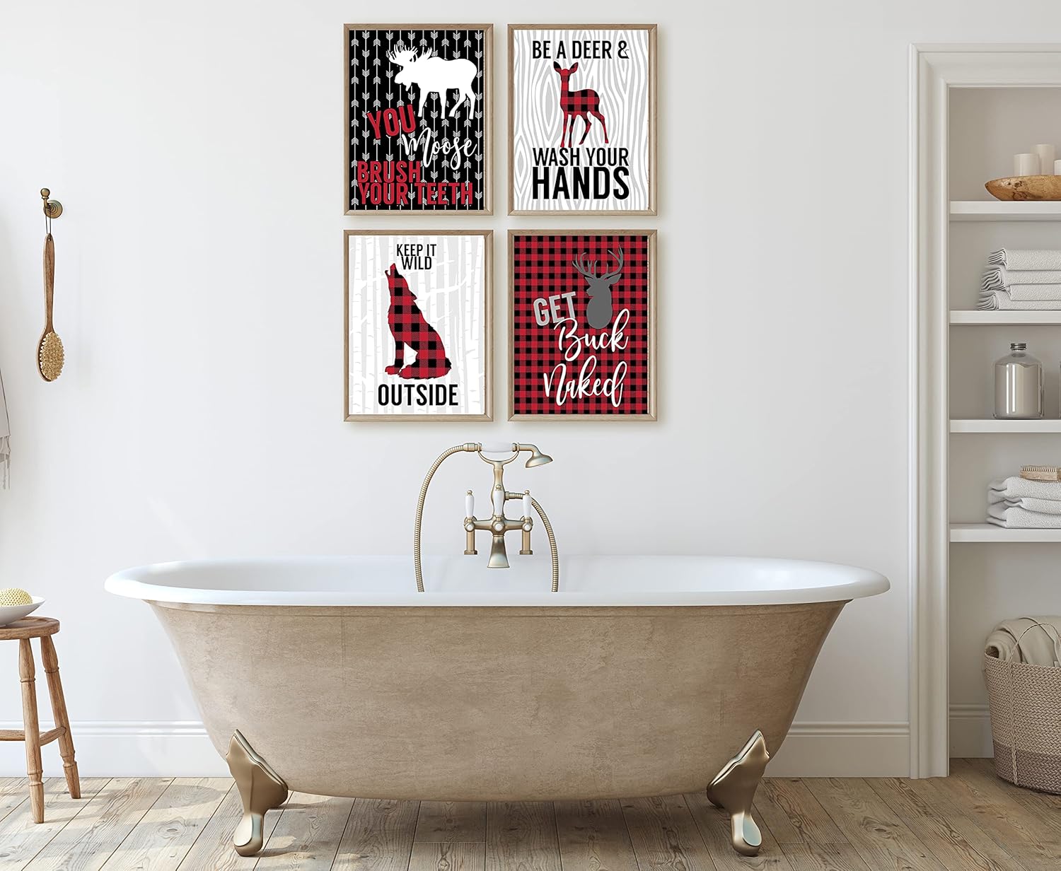Get Buck Naked - Buffalo Plaid Red Check Themed Bathroom Wall Art Print Decor