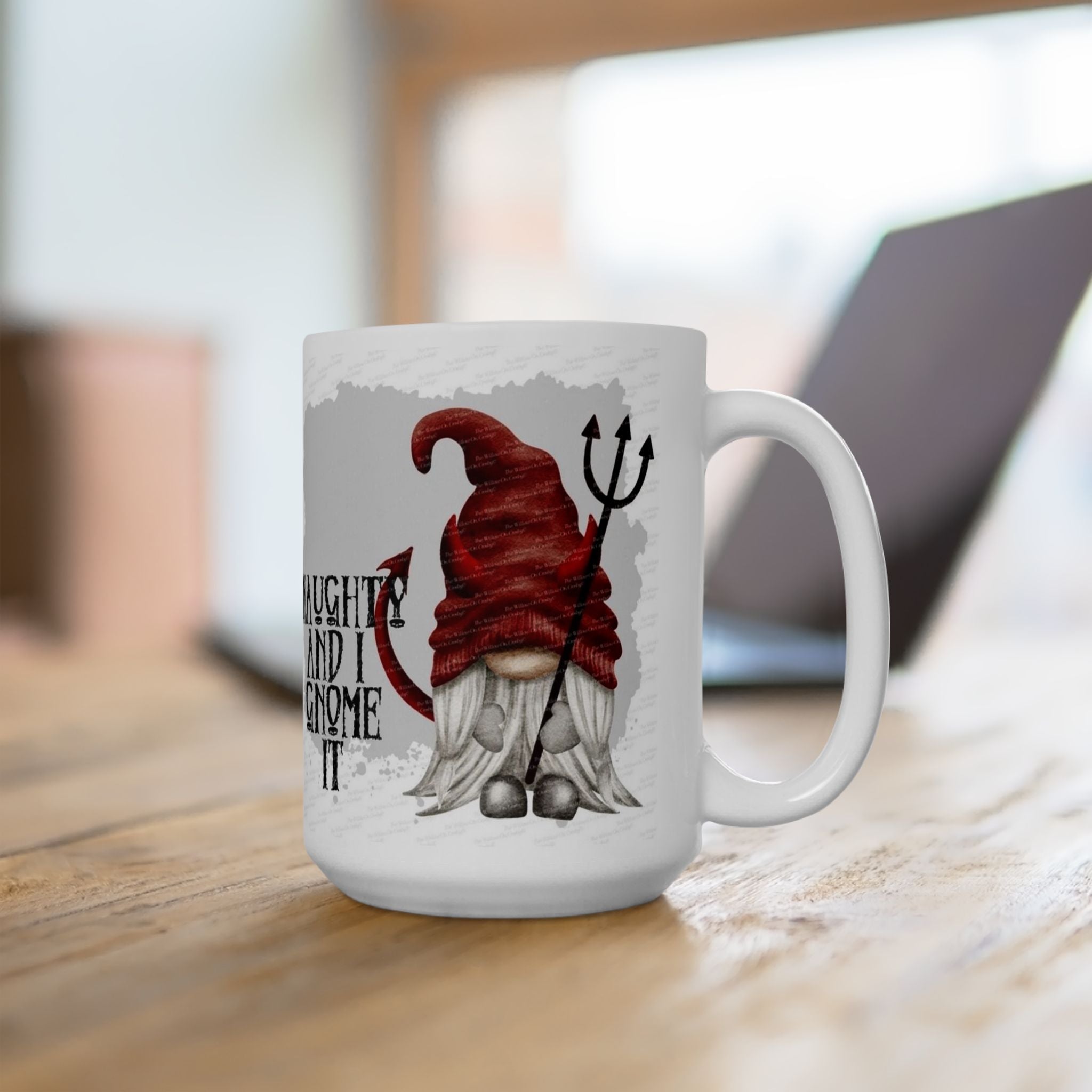 Naughty and I Gnome It - Red Devil Gnome Ghost Halloween Mug Drinkware Design (11oz, 15oz)