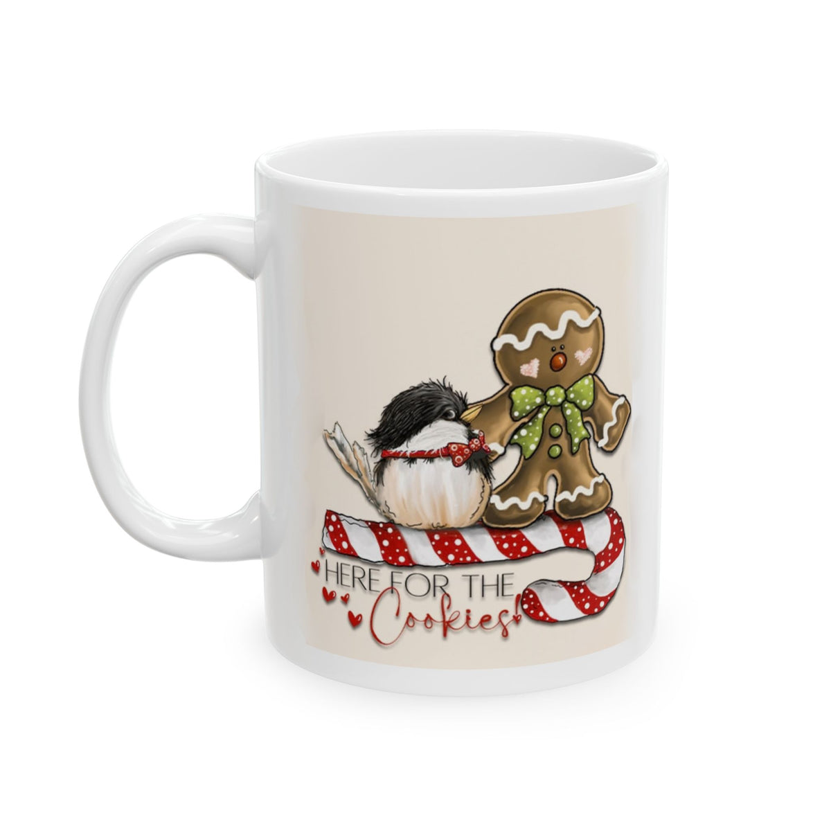 Here For The Cookies - Cute Gingerbread Bird Christmas Mug Drinkware Design (11oz, 15oz)