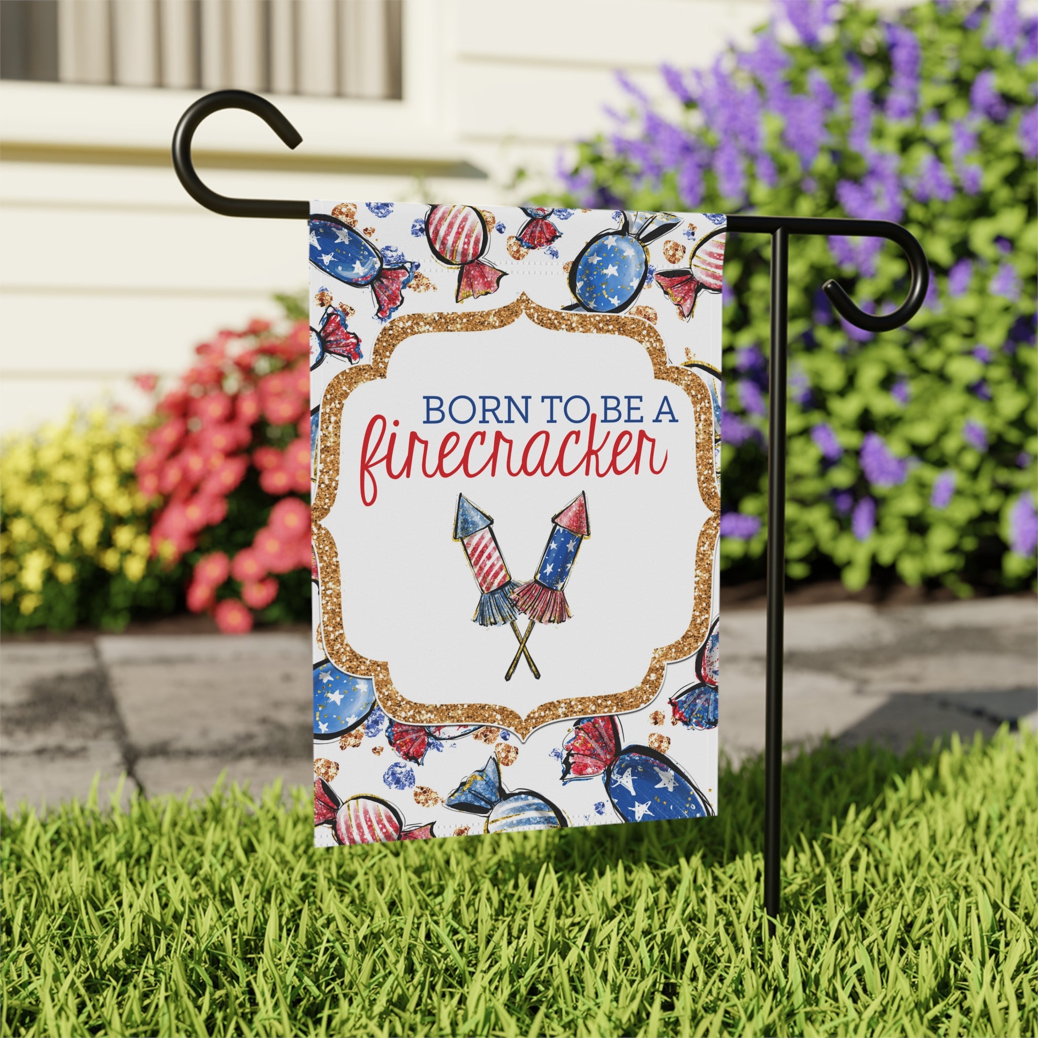 Close-up of Born to Be a Firecracker garden flag with stars and stripes detail
