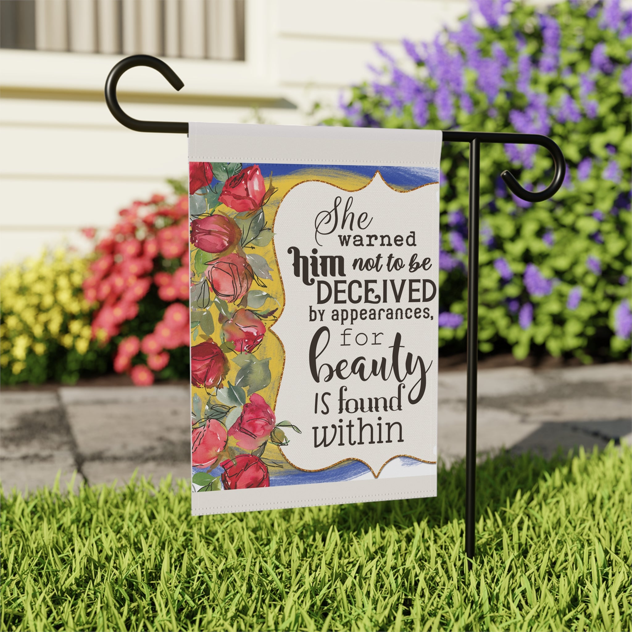 Close-up of Beauty Is Within garden flag with watercolor roses