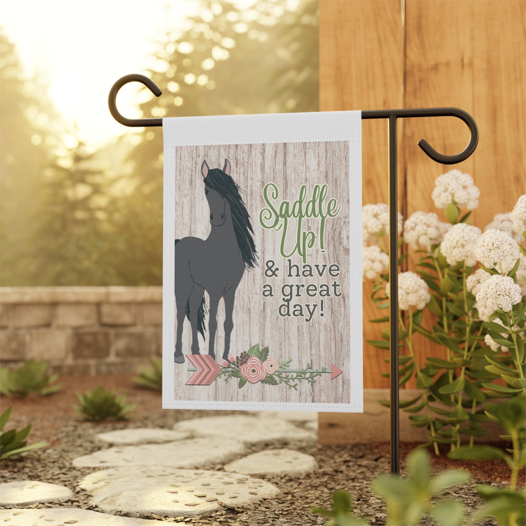Country horse garden flag displayed outdoors on a porch flag stand