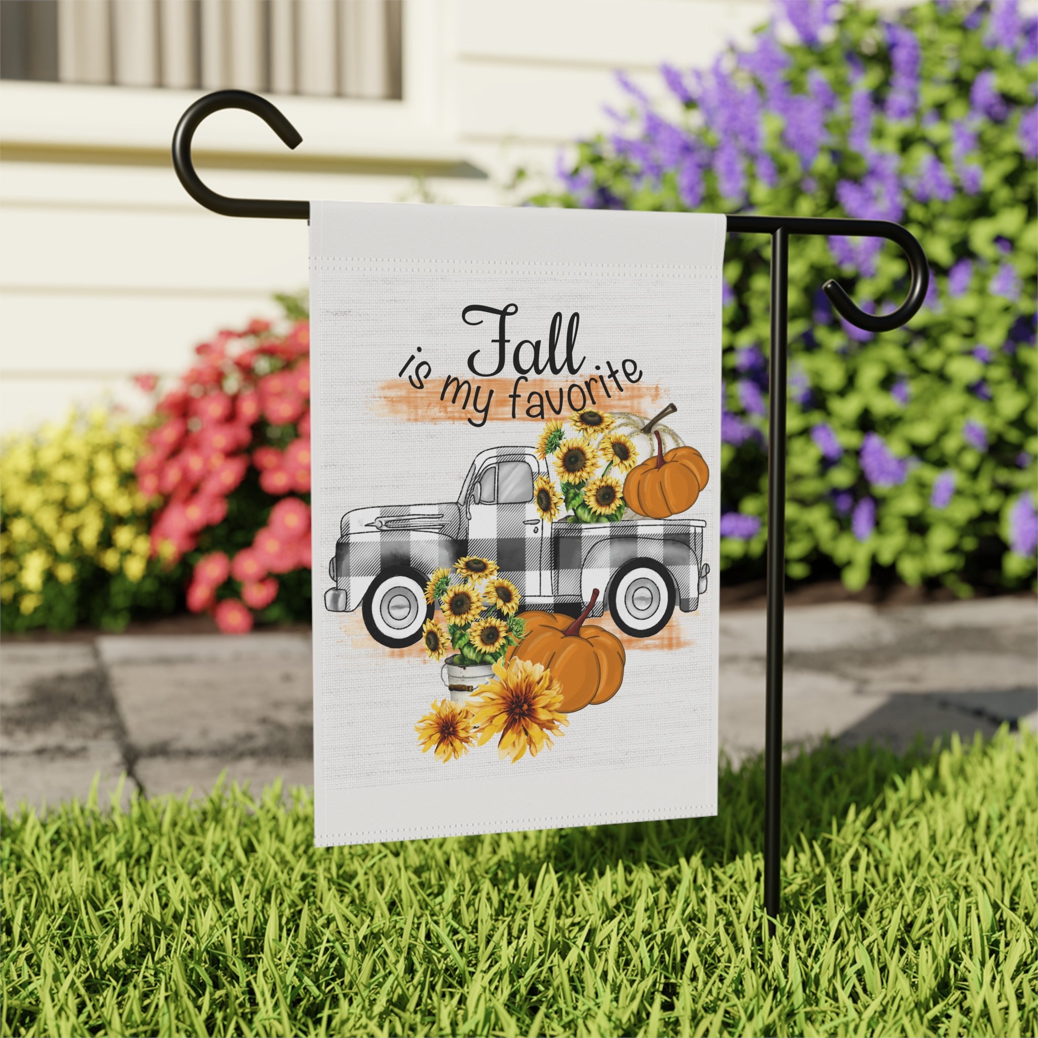 Fall is my Favorite Garden Flag 12x18 – Autumn Pumpkin Plaid Truck House Yard Decor