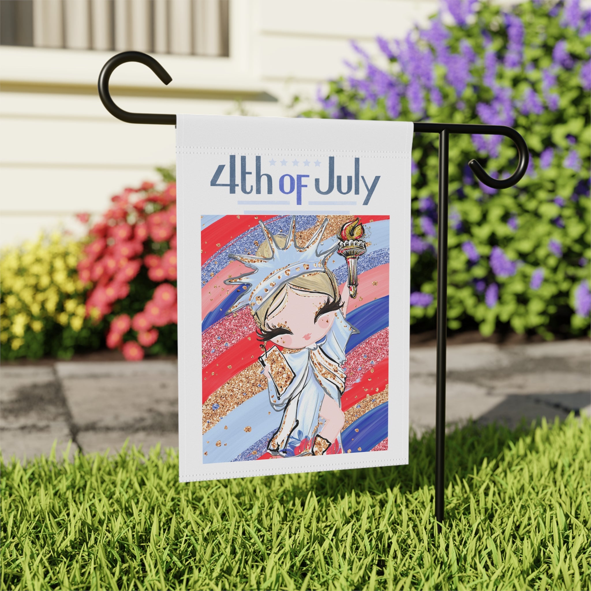 Close-up of Lady Liberty garden flag with Statue of Liberty design