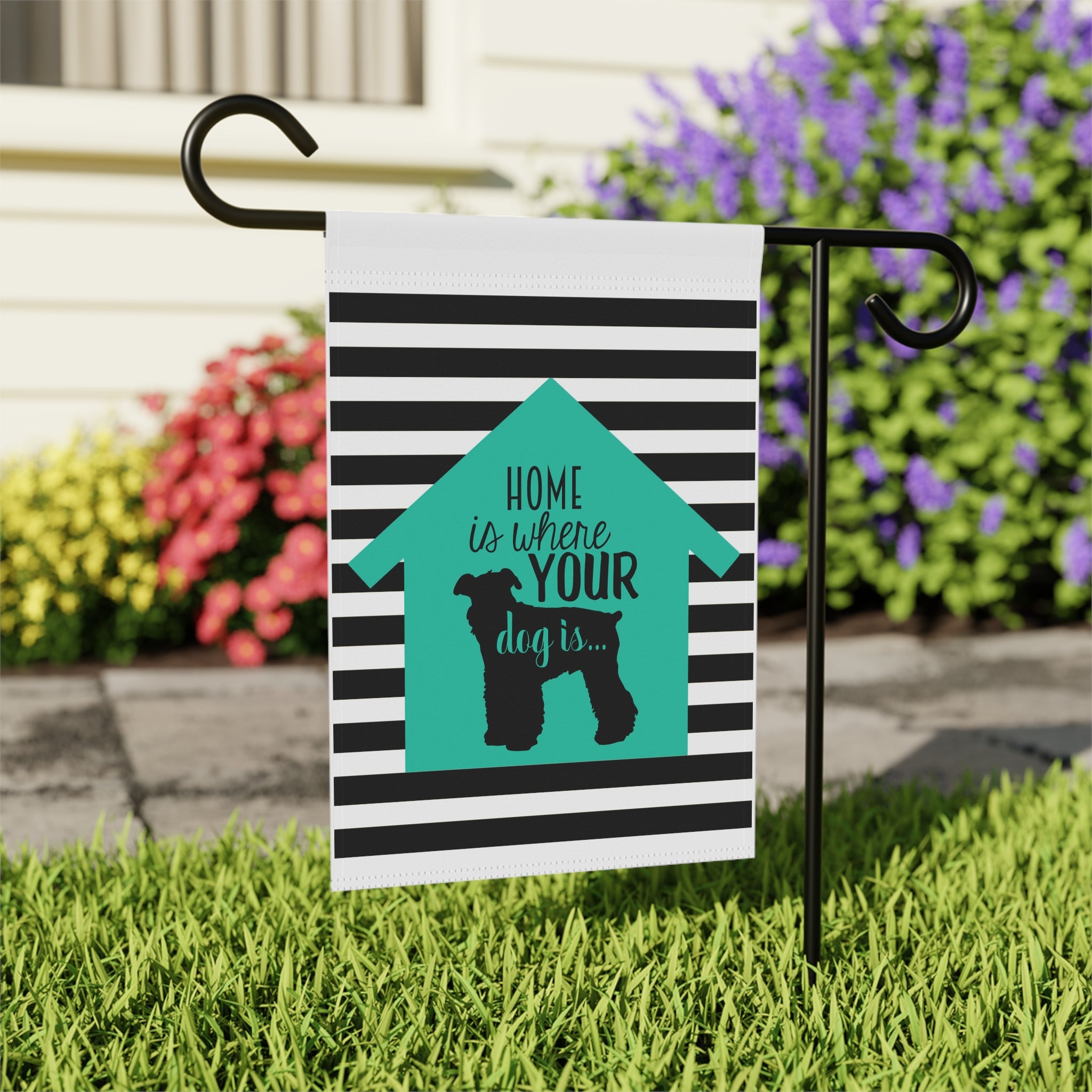 Close-up of Home Is Where Your Dog Is Terrier garden flag with hand-drawn dog detail