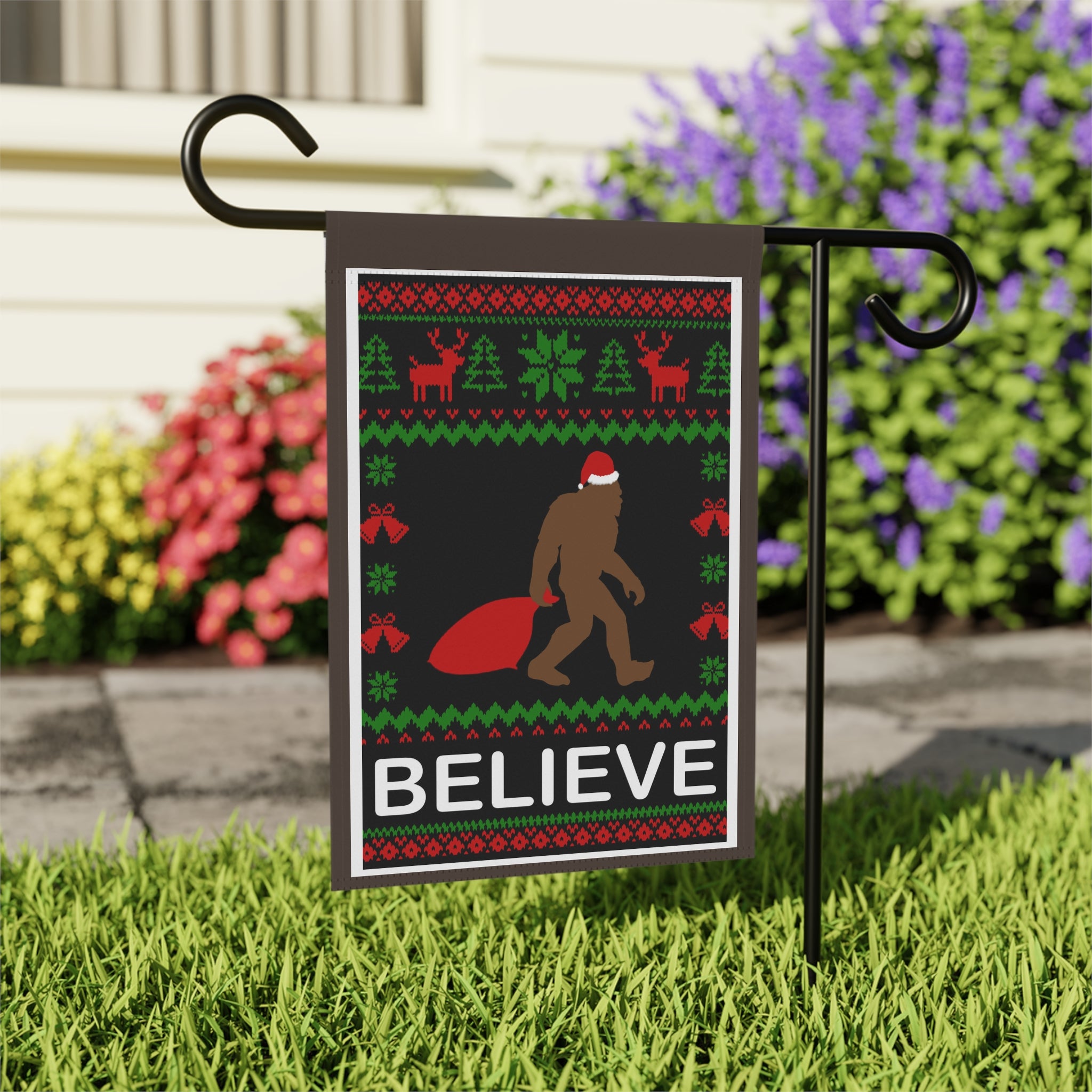 Believe in Christmas and Bigfoot Funny Garden Flag 12x18 Winter House Yard Decor