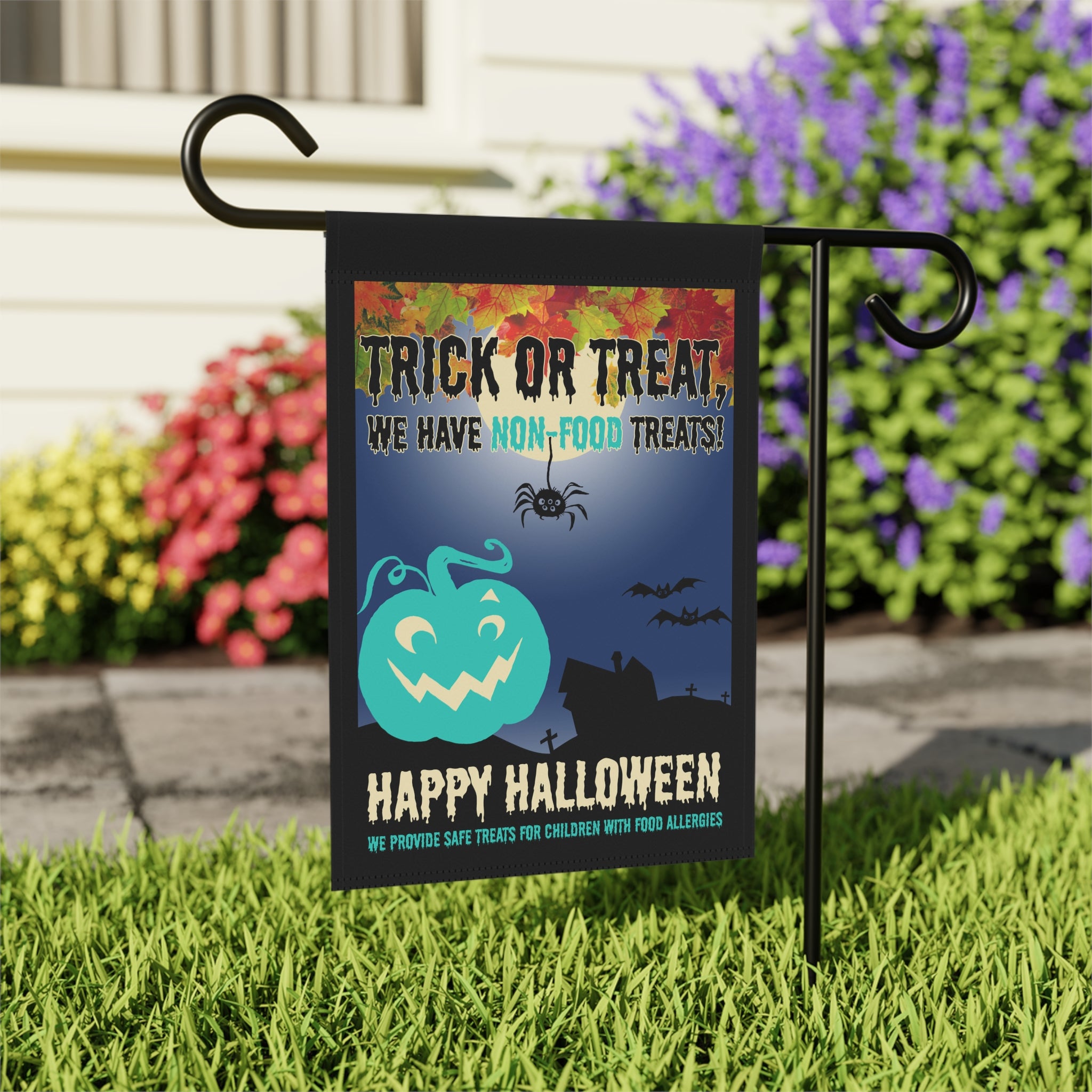 Trick or Treat Non Food Sign Garden Flag 12x18 – Teal Pumpkin Halloween Yard Decor