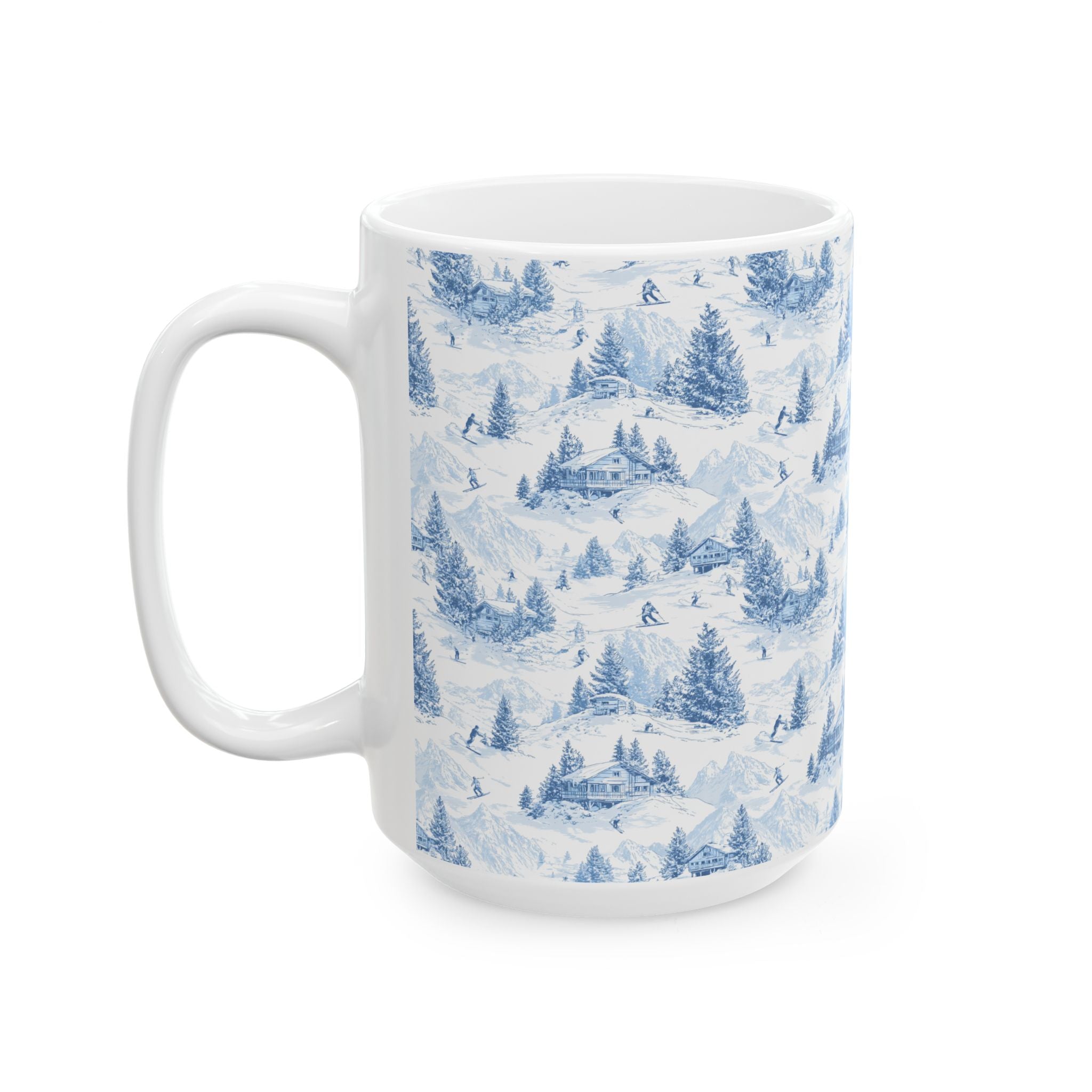 Winter Pines Ceramic Mug — Blue Snowy Ski Mountain Forest Coffee Cup (11oz, 15oz)