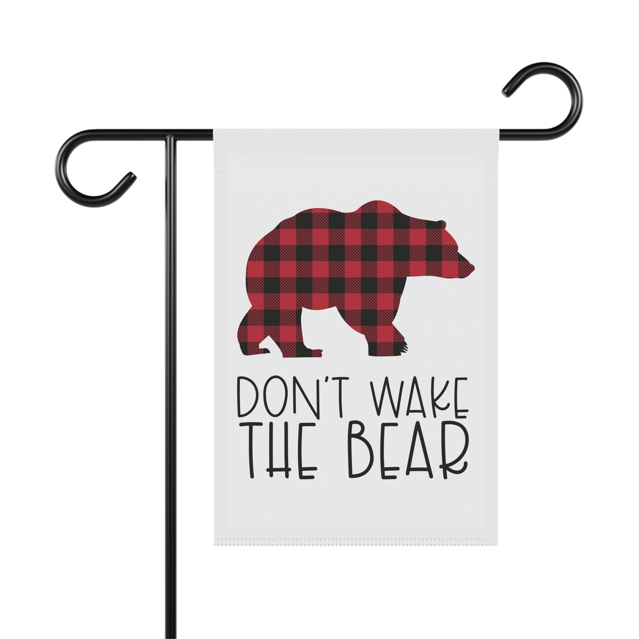 Don't Wake The Bear red buffalo plaid garden flag with bear design