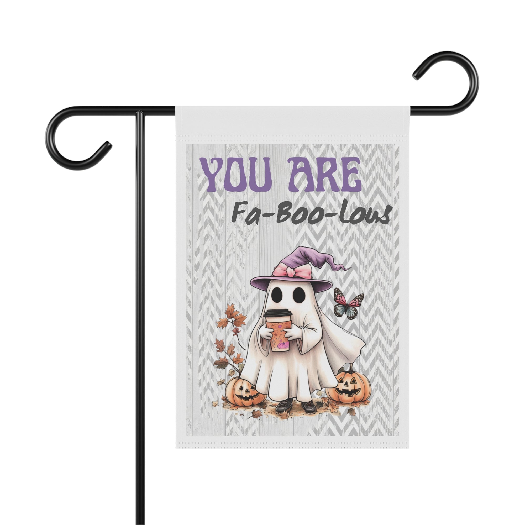 You Are Fa-Boo-Lous cute coffee ghost and butterflies Halloween garden flag, 12x18 fall yard decor