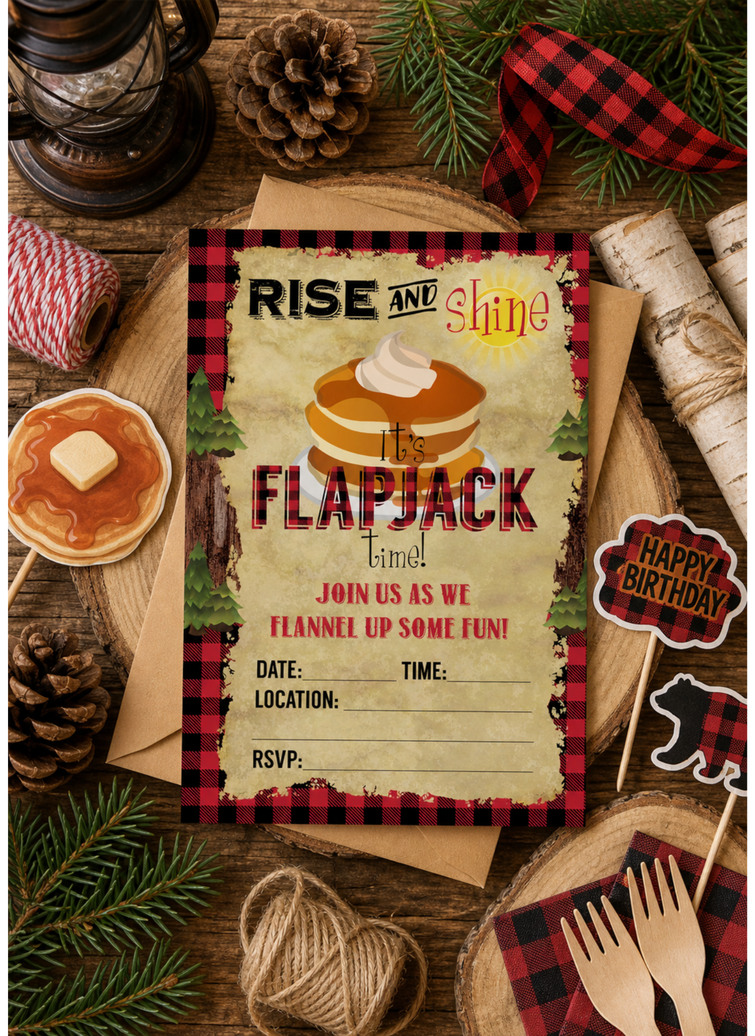 Pancake bar party decor posters and Thanks for chopping by favor stickers