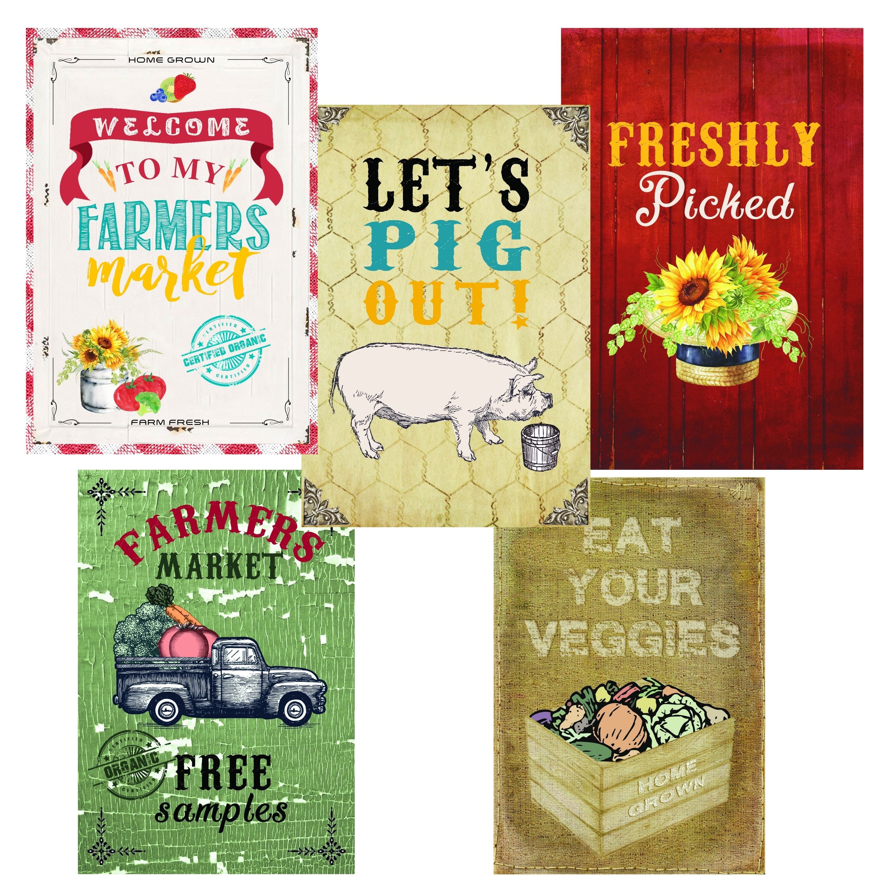A set of five rustic-themed decorative signs with farm and market designs, including 'Welcome to My Farmers Market,' 'Let's Pig Out!,' 'Freshly Picked,' 'Farmers Market Free Samples,' and 'Eat Your Veggies.'.