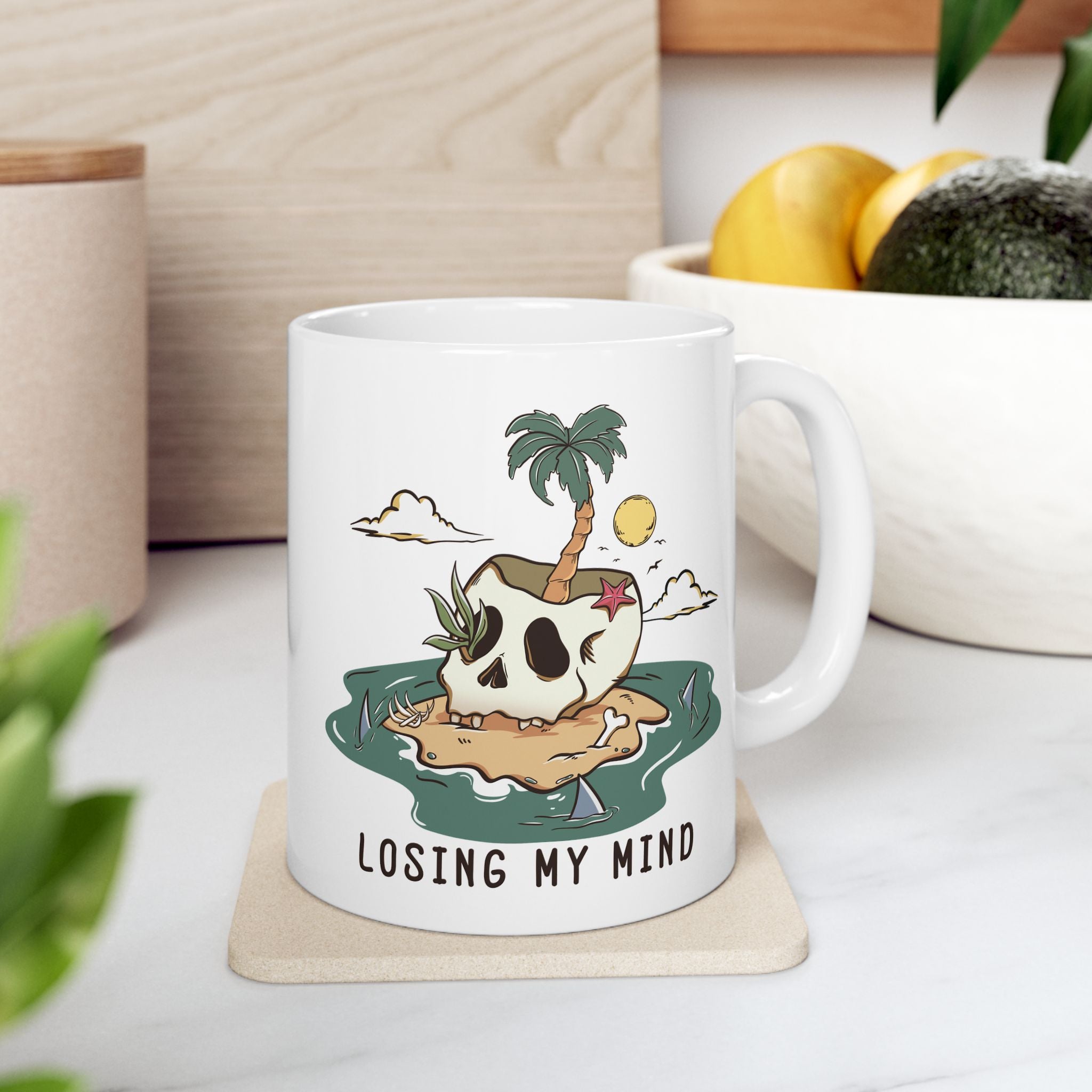 'Losing My Mind' Dark Humor Skeleton Beach Themed Coffee Mug (11oz, 15oz)