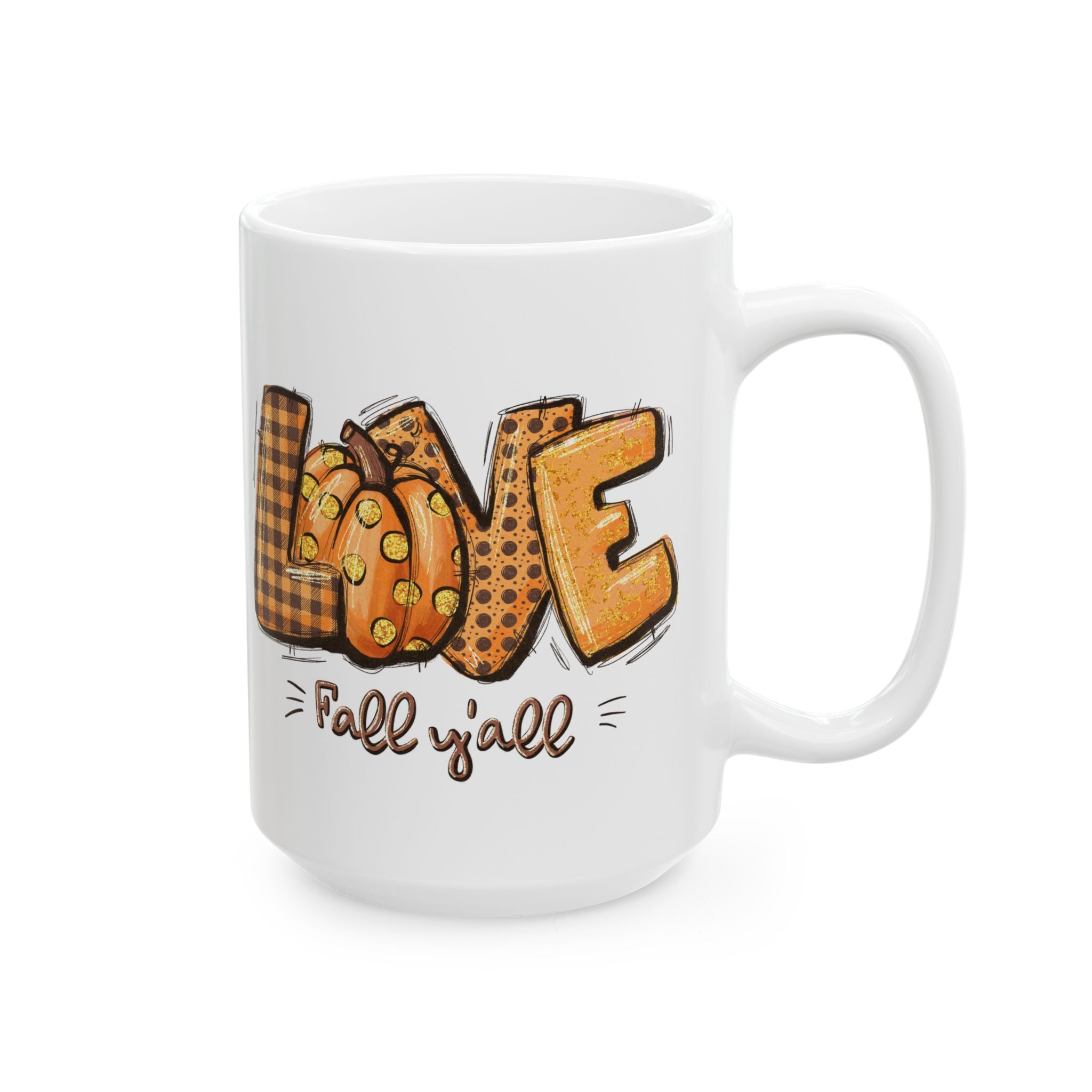 LOVE Fall Y'all – Buffalo Plaid Pumpkin Autumn Coffee Mug (11oz, 15oz)