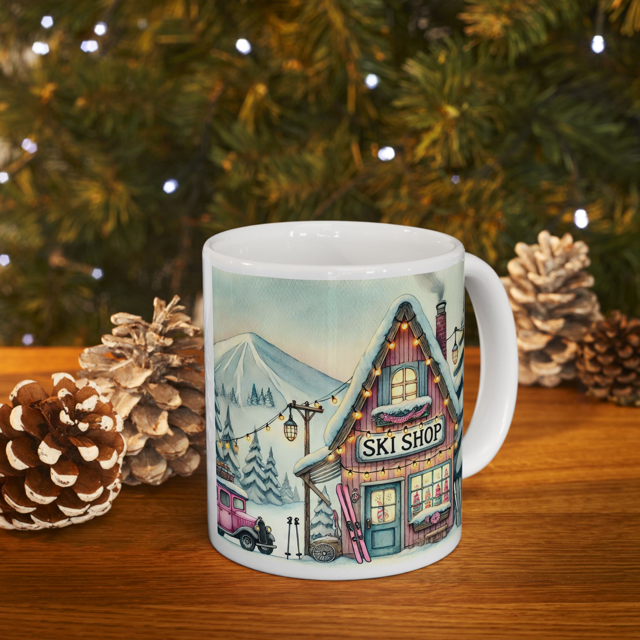 Cozy Holiday Snowy Vintage Ski Shop Winter Village Ceramic Mug  (11oz/15oz)
