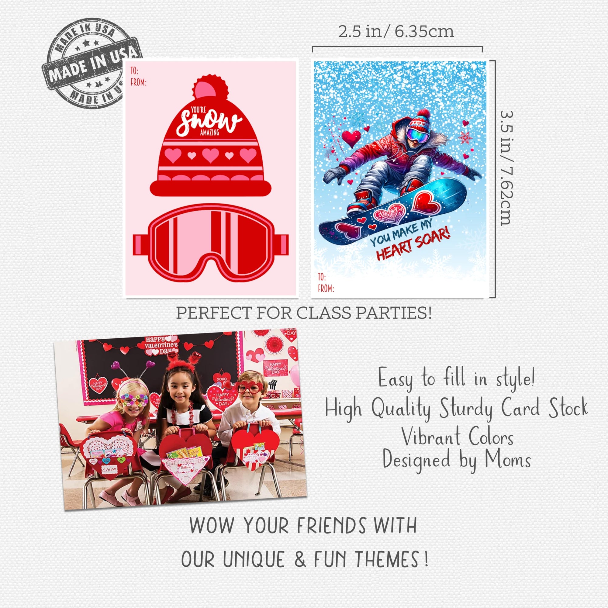 You Make My Heart Soar - Ski Snowboard Sports Themed Valentines Day Card for Kids School Work Classroom Valentine's Class Party Exchange