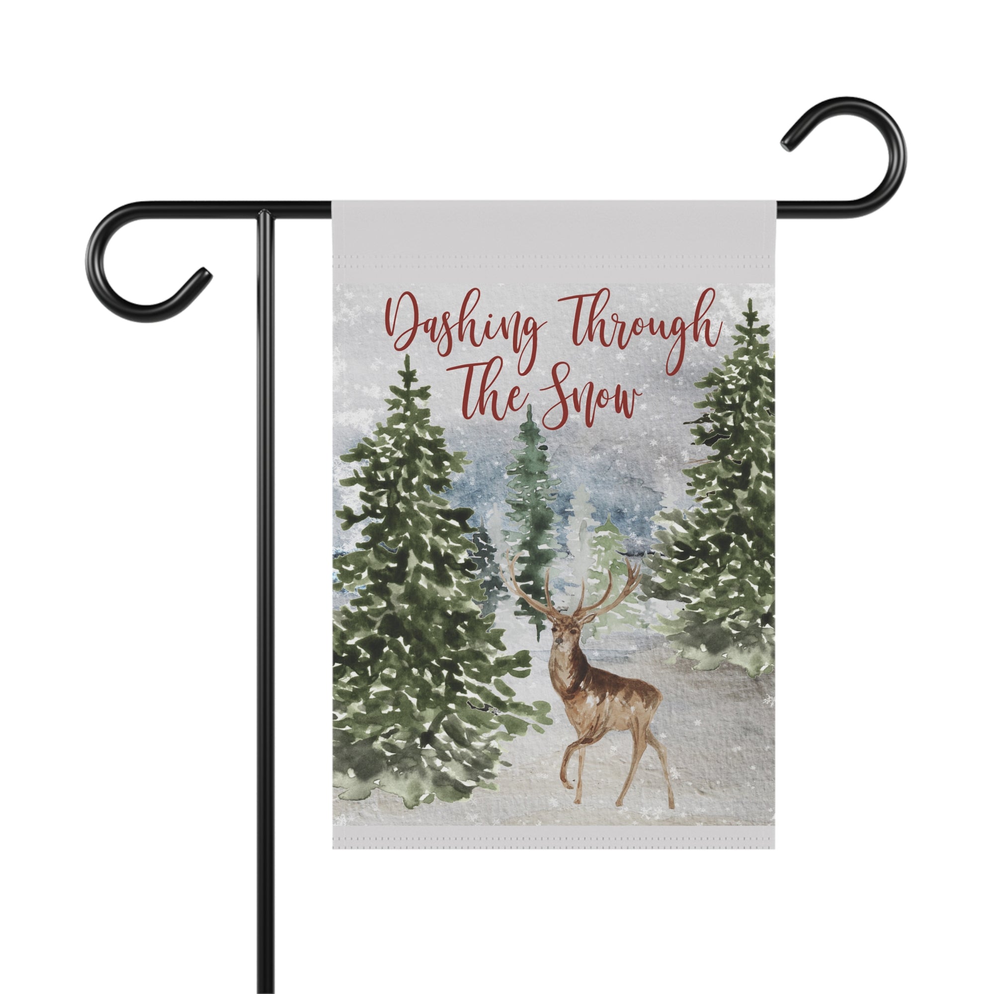 Dashing Through the Snow watercolor deer in woodland Christmas garden flag, 12x18 winter yard decor