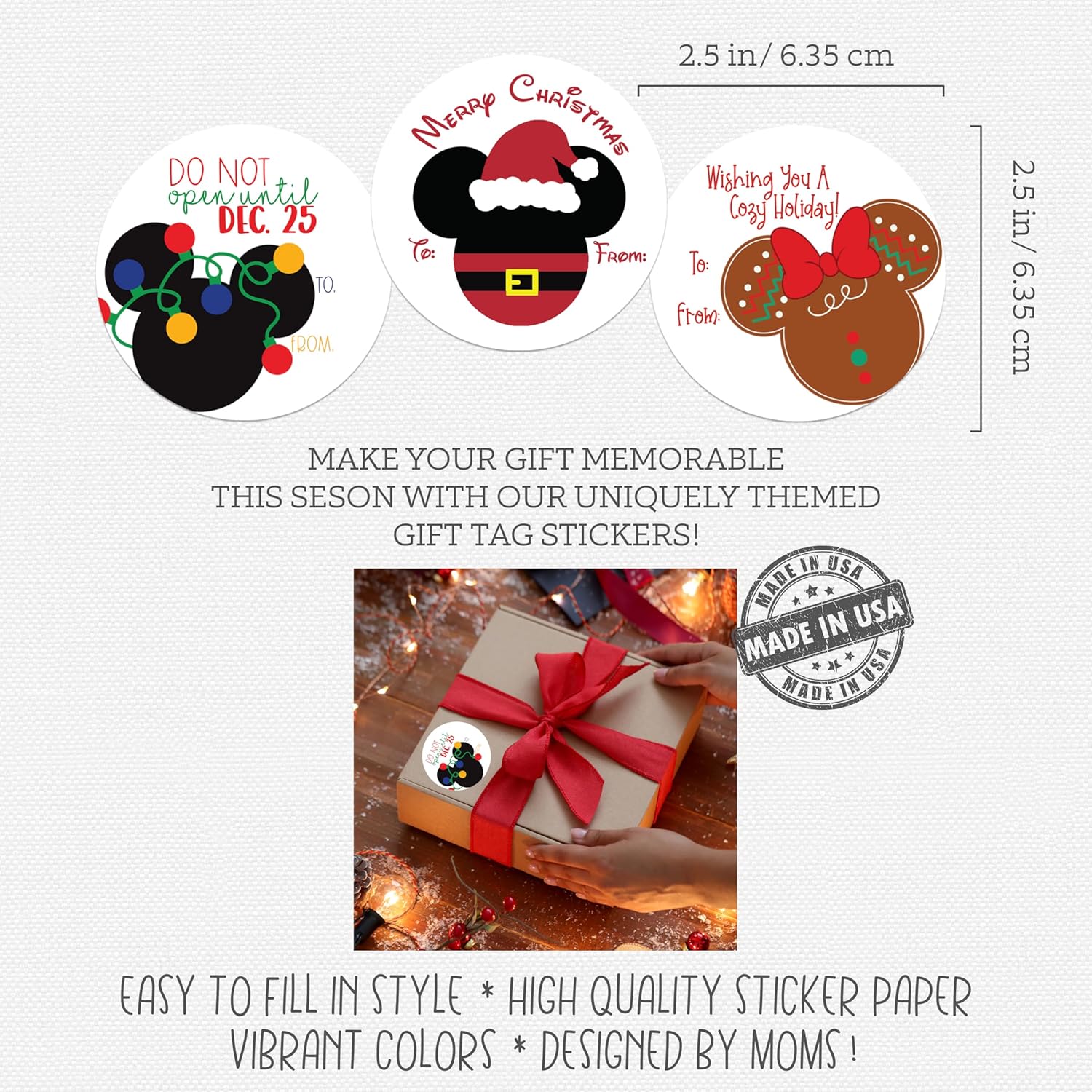Mouse Ears Christmas Gift Tags Labels for Wrapping, Peel and Stick