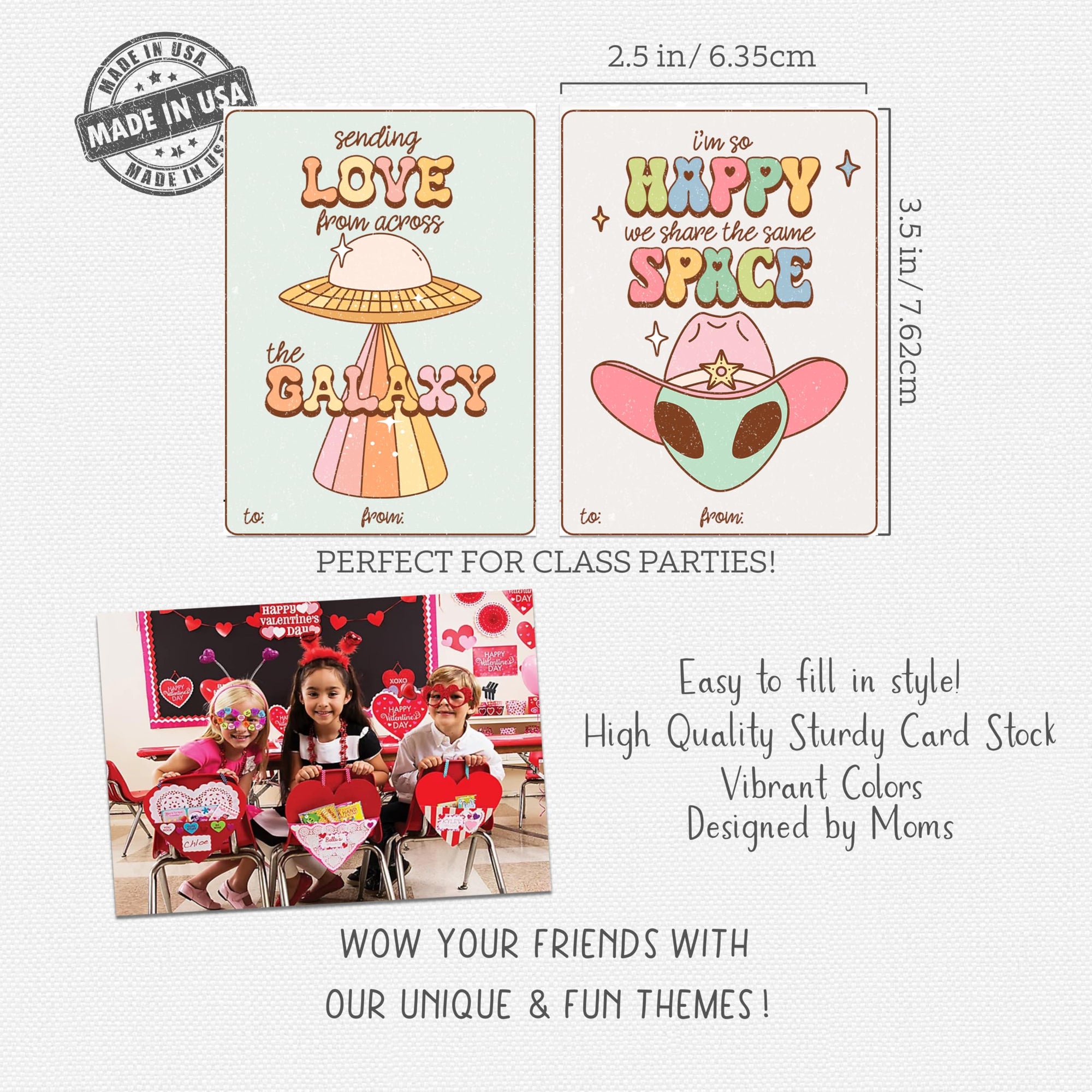 Retro Groovy Alien Valentine's Day Classroom Sharing Card Set of 24, Assorted Valentine Designs - You're My Favorite Earthling