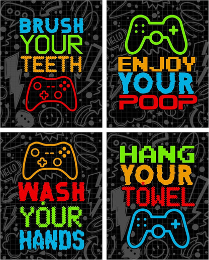 Silly Goose Gifts Video Gamer Themed Bathroom Reminders Wall Art Print Decor Decoration Game (Set of 4) Bright Neon Gaming