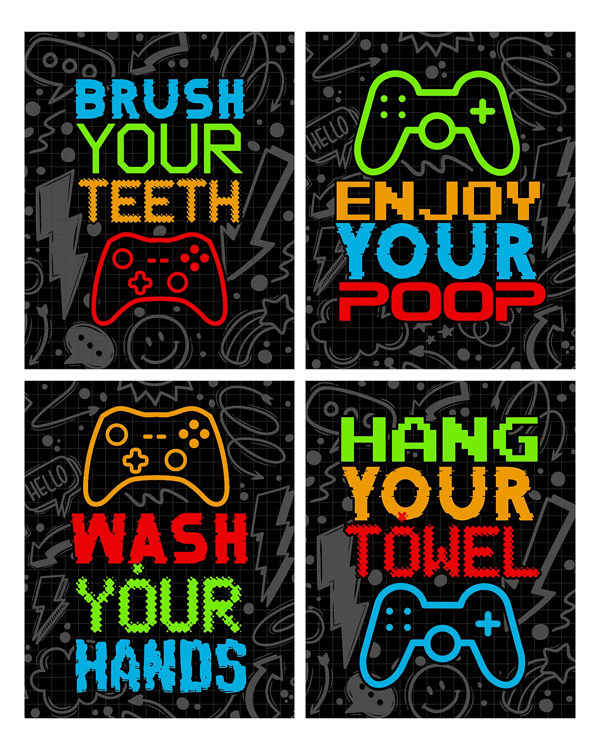 Neon Video Gamer Bathroom Wall Art Prints - Set of 4
