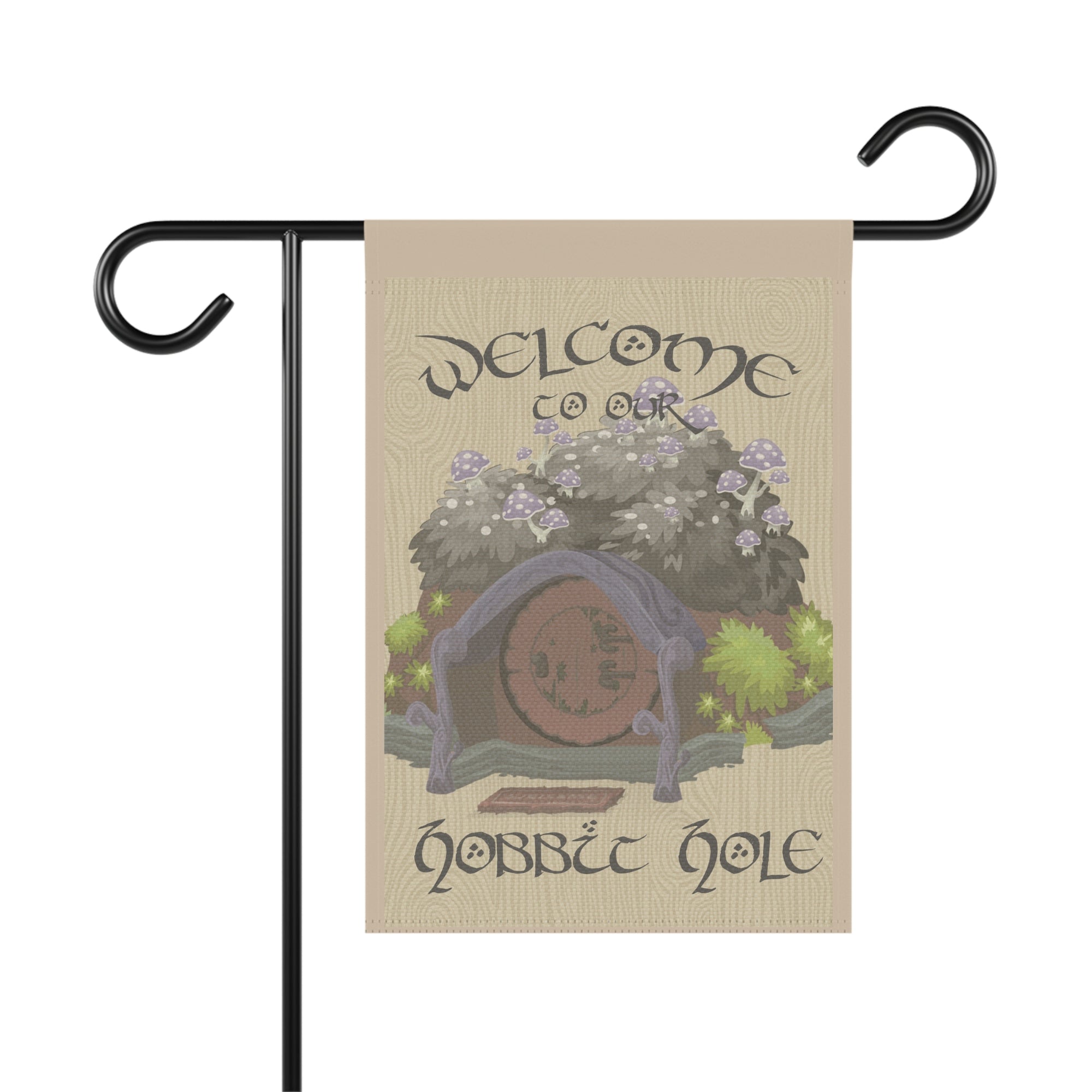 Welcome to our Hobbit Hole book lover garden flag with cozy wood-look design