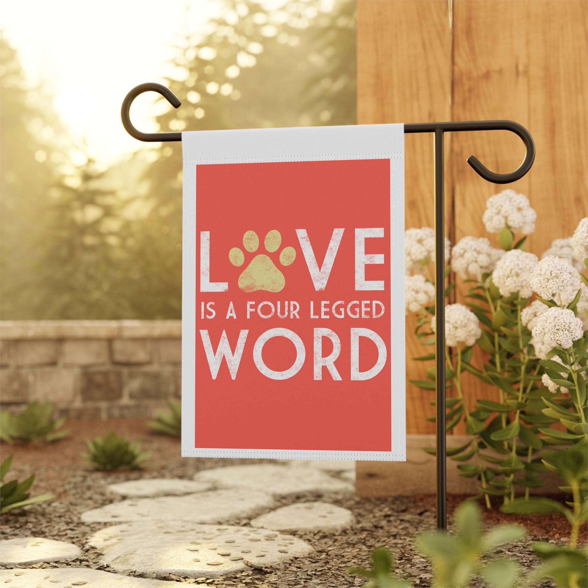 Sweet pet love garden flag displayed outdoors on a porch flag stand