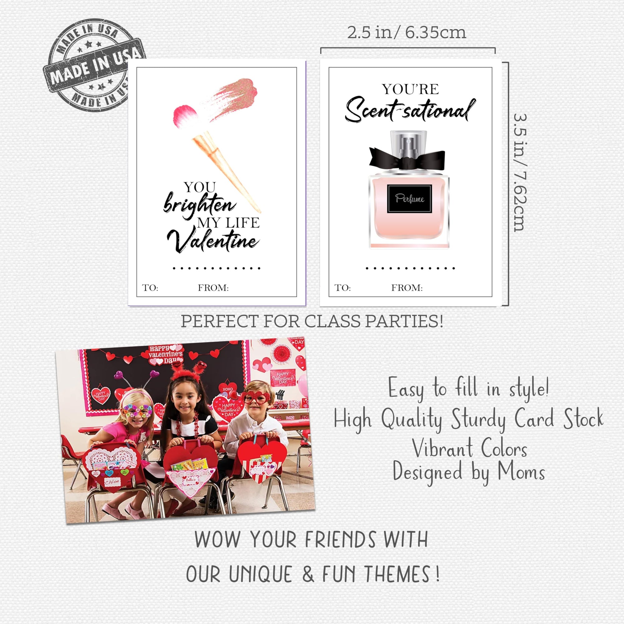 Beautiful Make Up Fashion Themed Valentine's Day Card Set (Set of 24) Valentine Spa Classroom School Exchange Sharing Watercolor