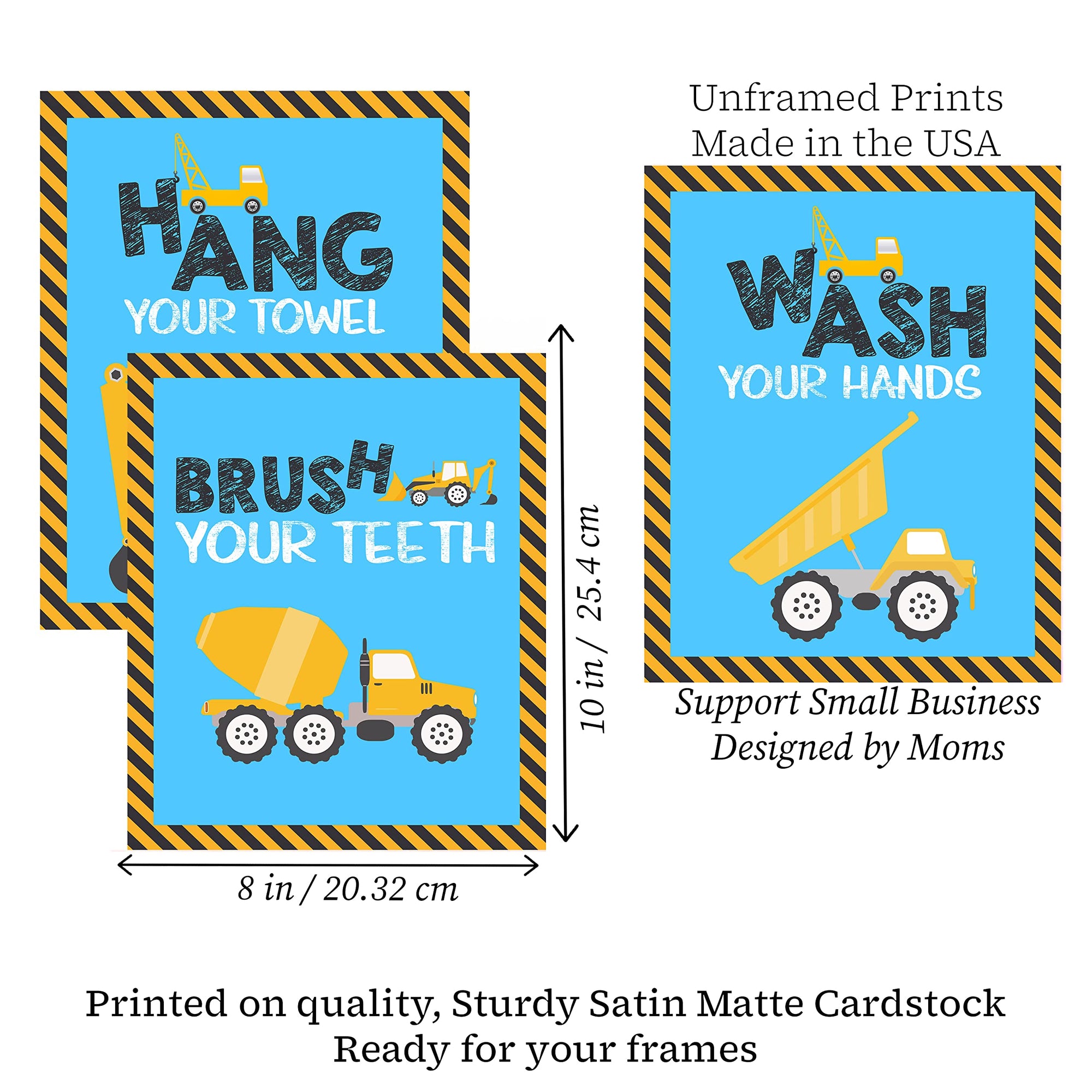 Construction Truck Bathroom Wall Art Prints - Kids Set of 4