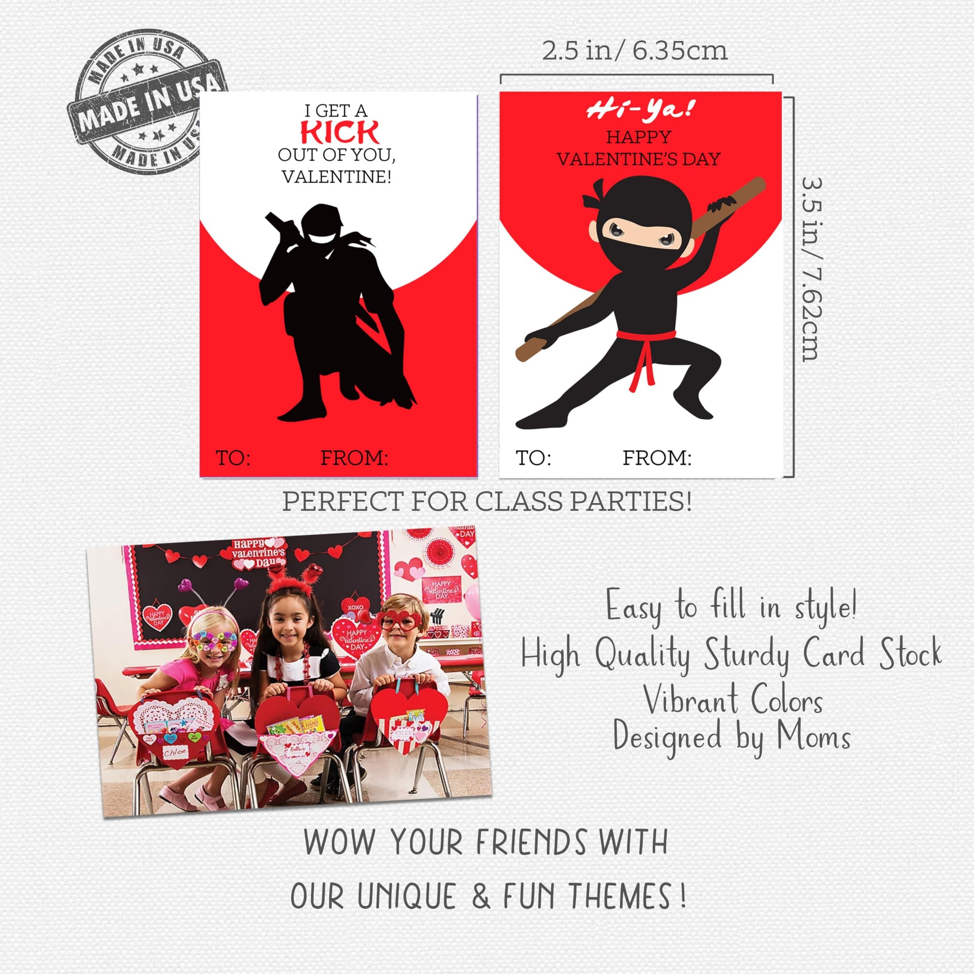 Ninja Themed Valentine's Day Card Set (Set of 25) Valentine Classroom School Sharing Exchange Kids Children