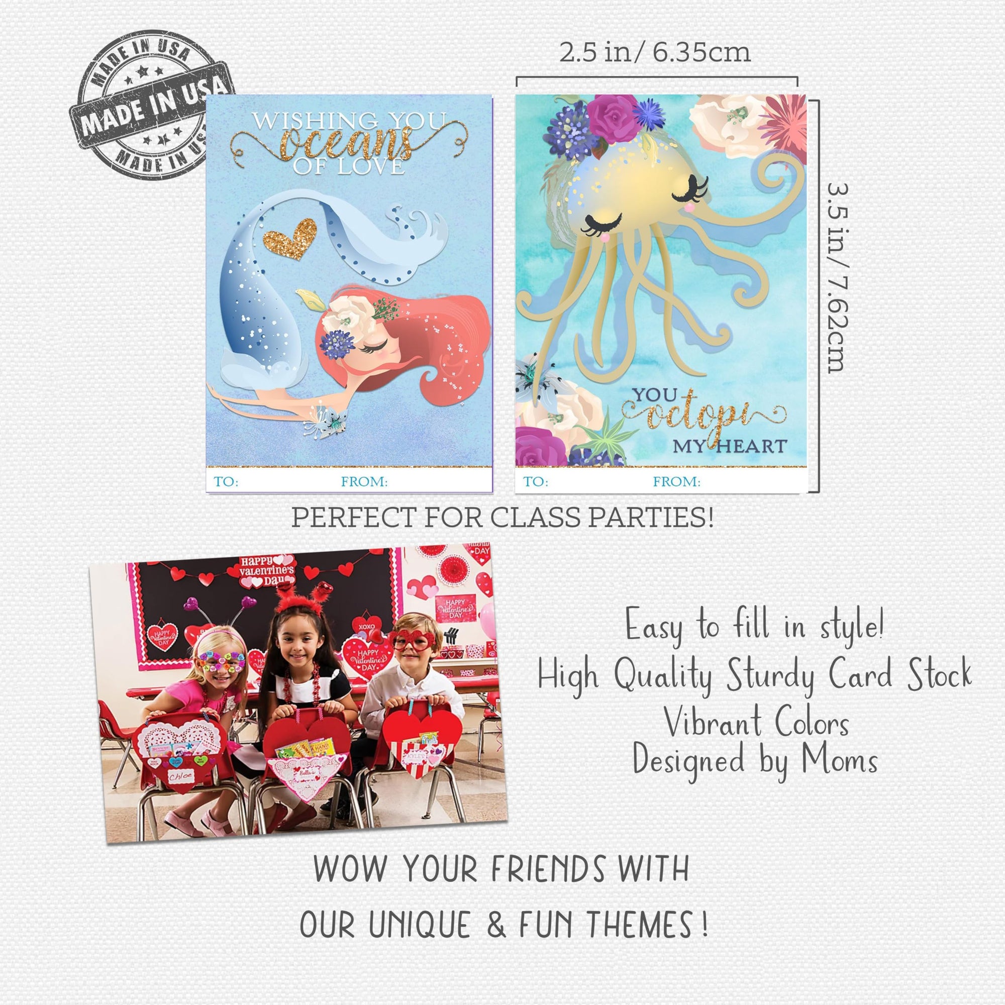 Watercolor Mermaid Themed Valentine Day Classroom Sharing Card Set (20 Included) Exchange School Kids Valentine's Ocean Sea
