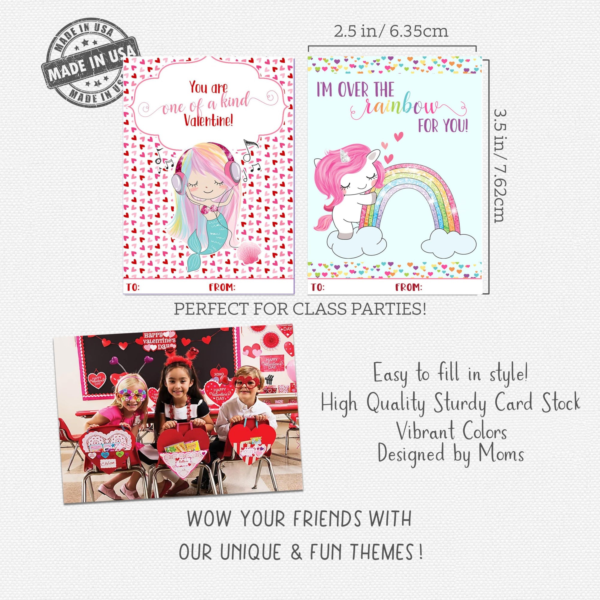 Magical Unicorn Mermaid Narwhal Themed Valentine Day Classroom Sharing Card Set (24 Included) Exchange Valentine's Kids Rainbow