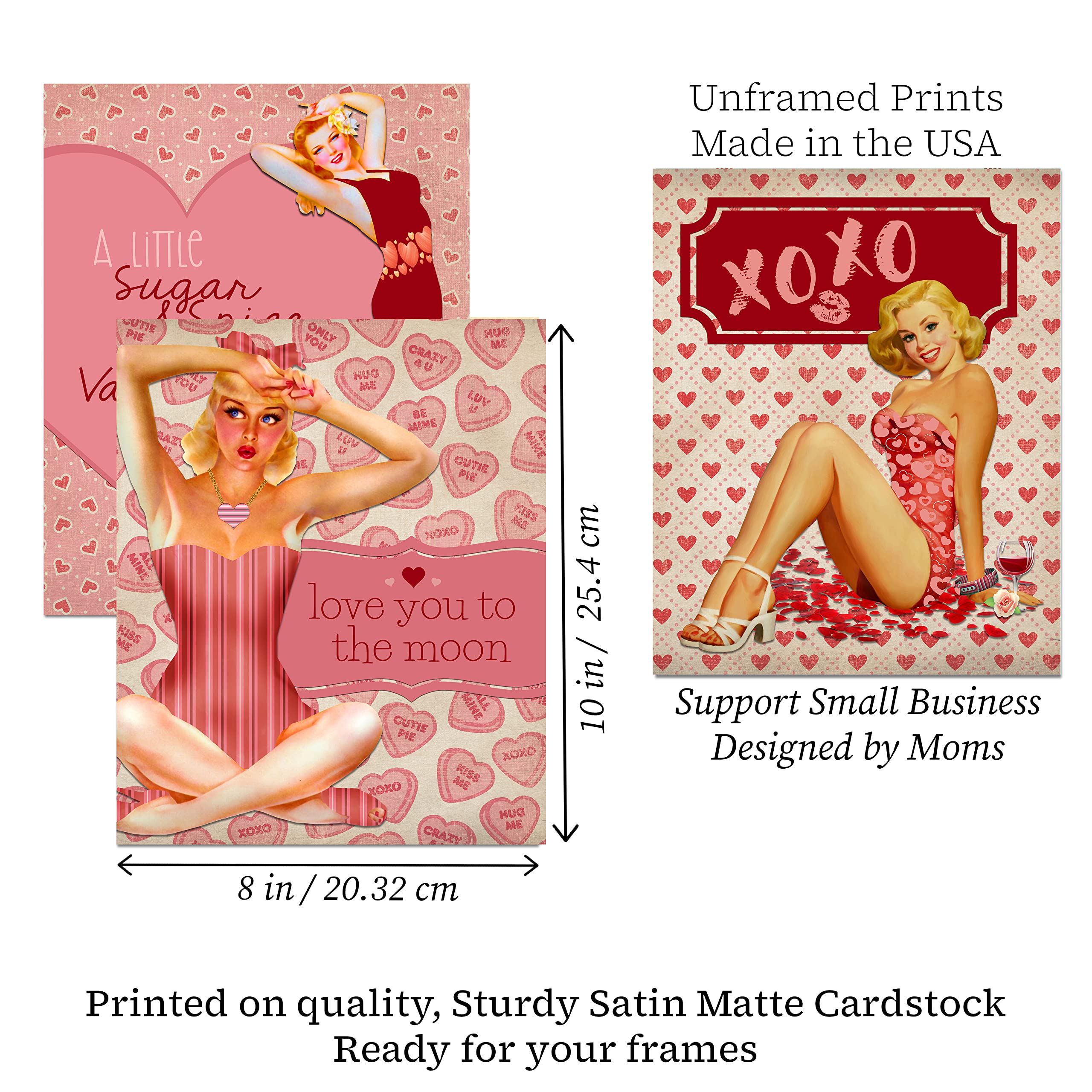 Set of four sassy vintage pinup Valentine prints displayed together