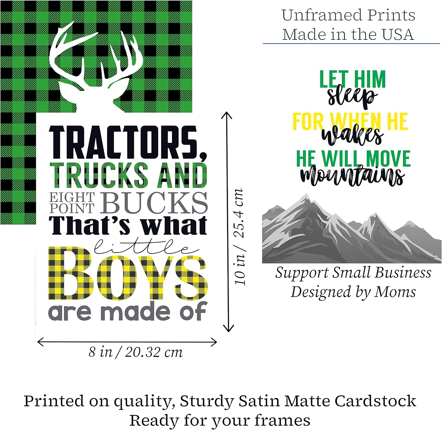 Green Yellow Buffalo Plaid Deer Tractor Truck Hunting Themed Children Wall Art Print Decor