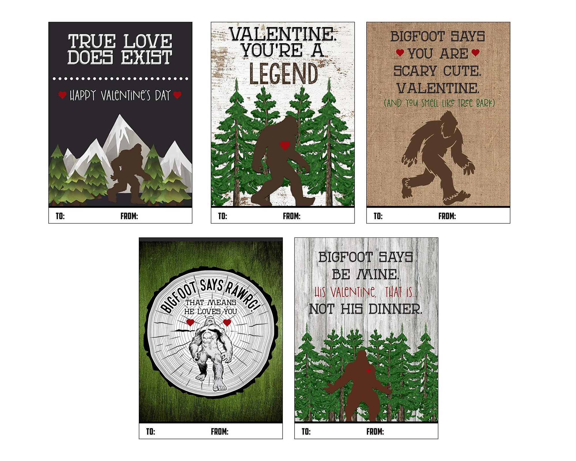 Bigfoot Themed Valentine's Day Card Set (Set of 25) Valentine Classroom Sharing Exchange Gift Giving Kids
