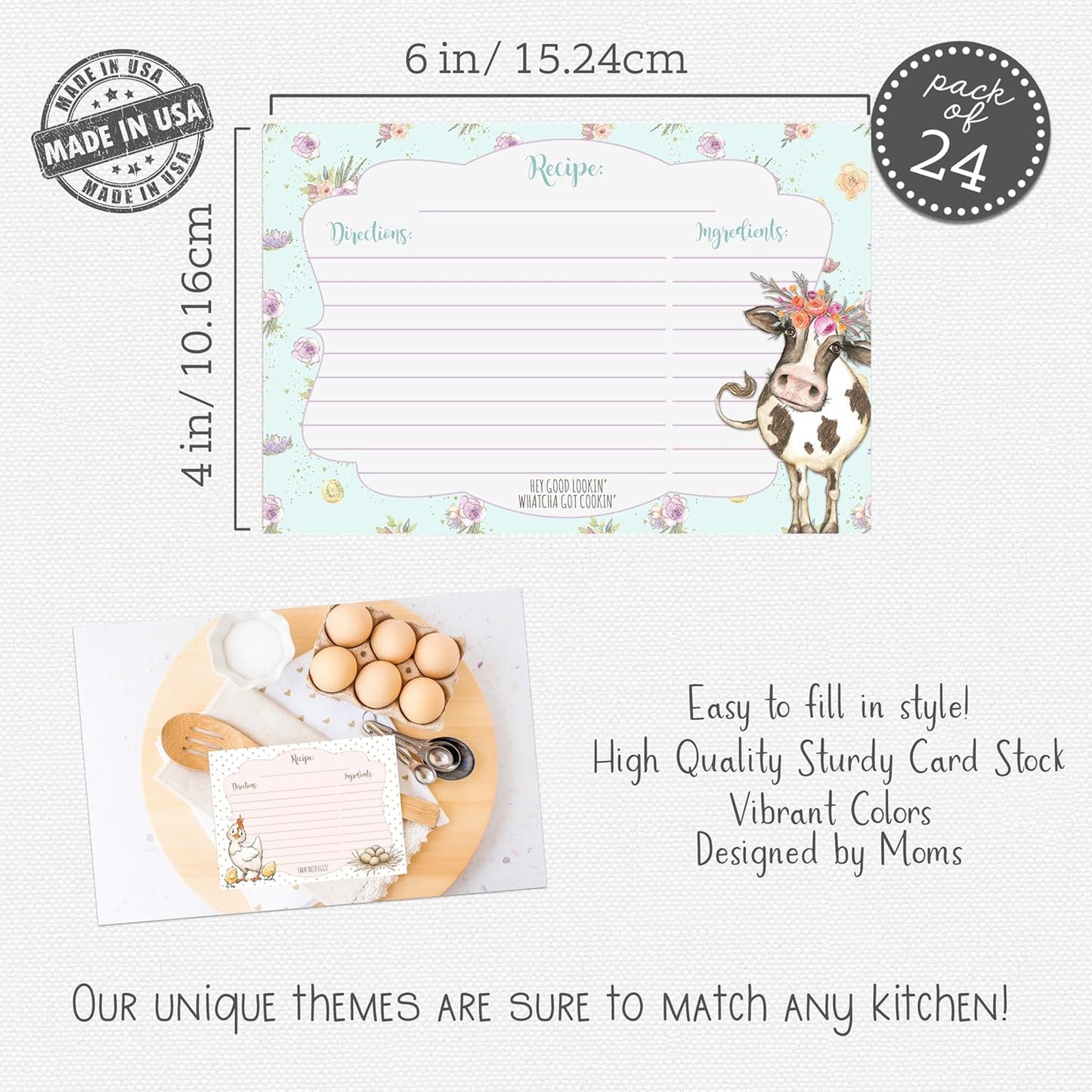 Silly Goose Gifts Lets Pig Out! Farm Themed Recipe Cards - 4x6 Recipe Cards, Vintage Retro Recipe Cards Perfect for Wedding, Housewarming Bridal Shower Gifts & More, Rustic Farmhouse Animal Chicken Cow Recipe Cards, 24 Set