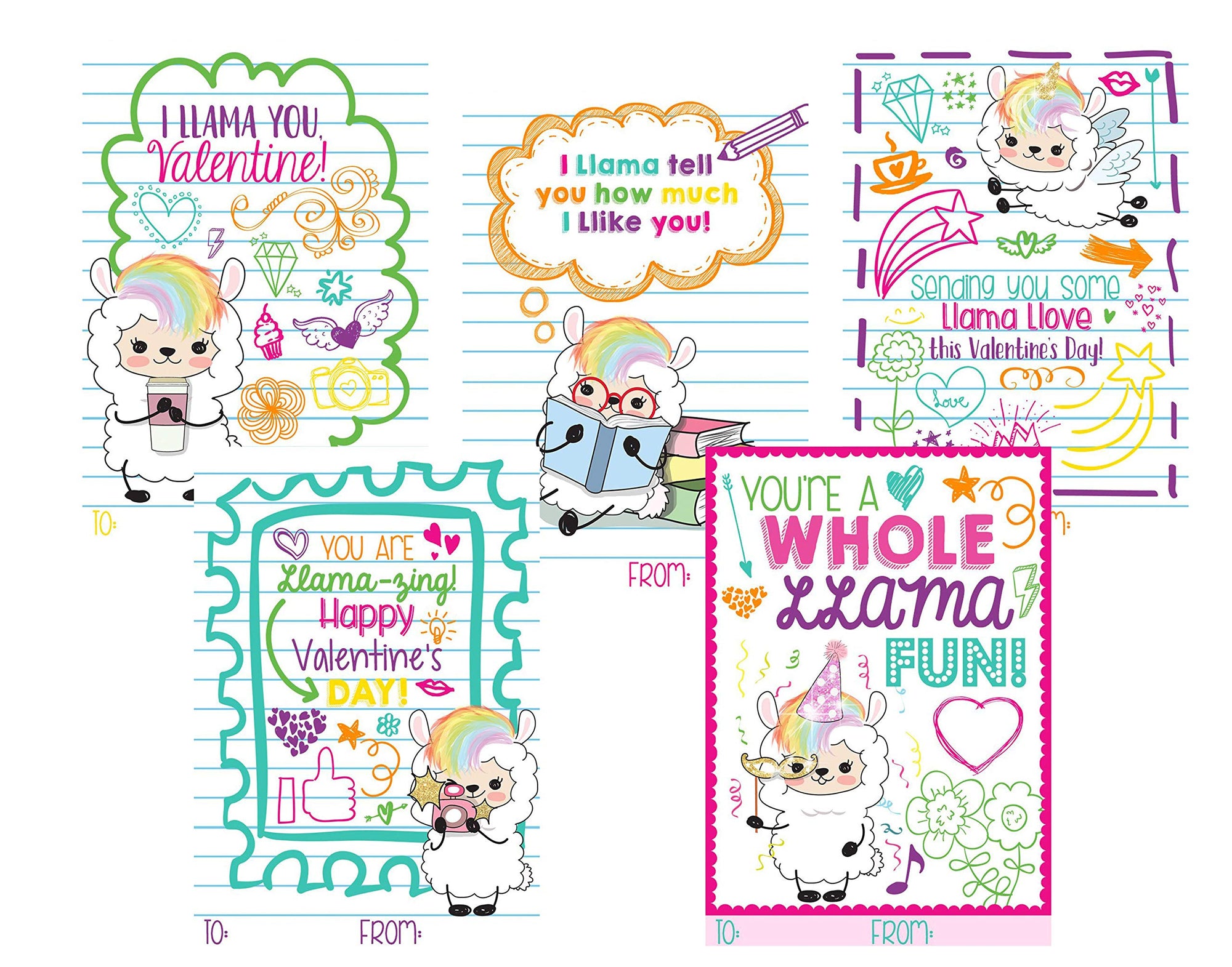 Llama Fun Themed Valentine Day Classroom Sharing Card Set (25 Included) Trendy Hipster Doodle Valentine's Kids Exchange