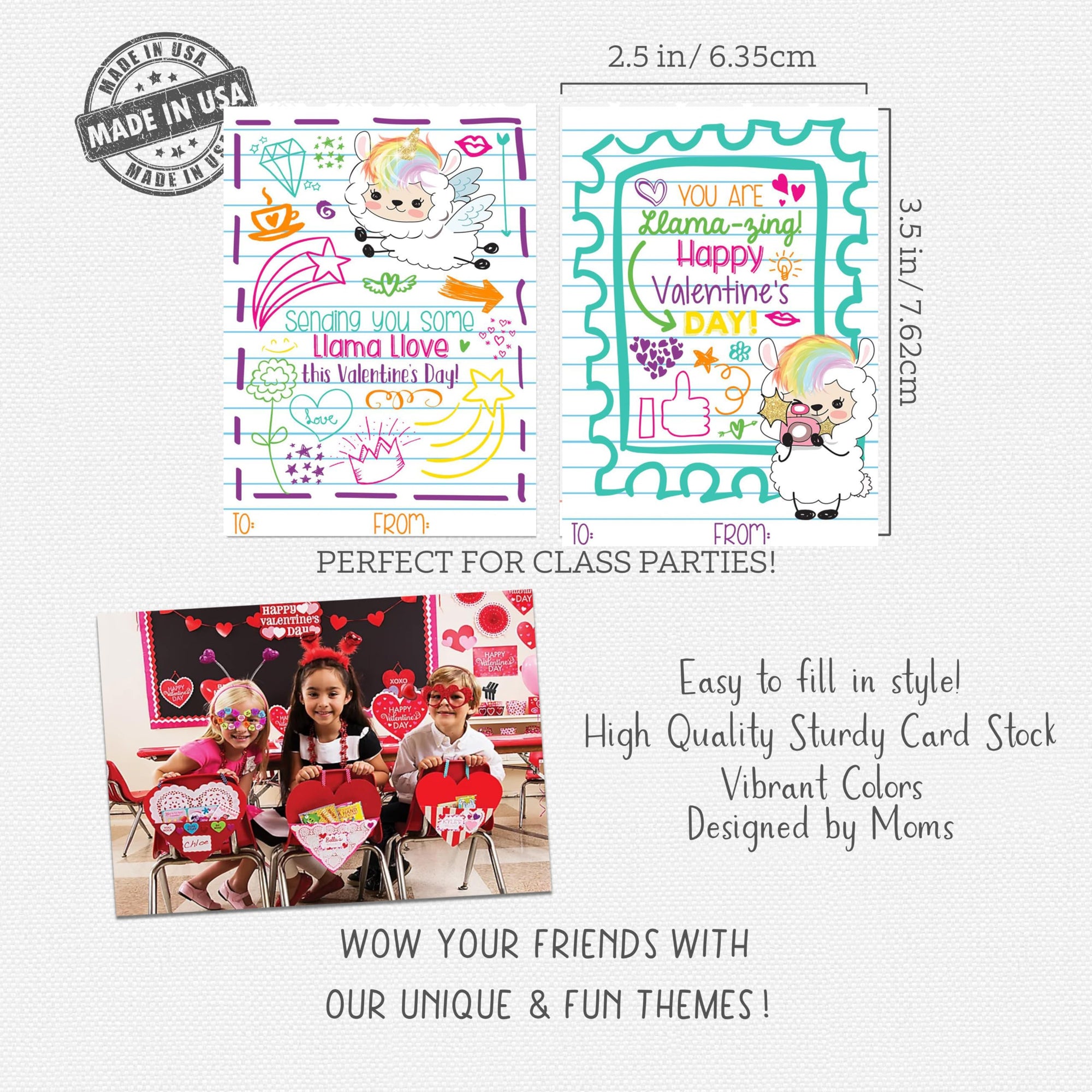 Llama Fun Themed Valentine Day Classroom Sharing Card Set (25 Included) Trendy Hipster Doodle Valentine's Kids Exchange