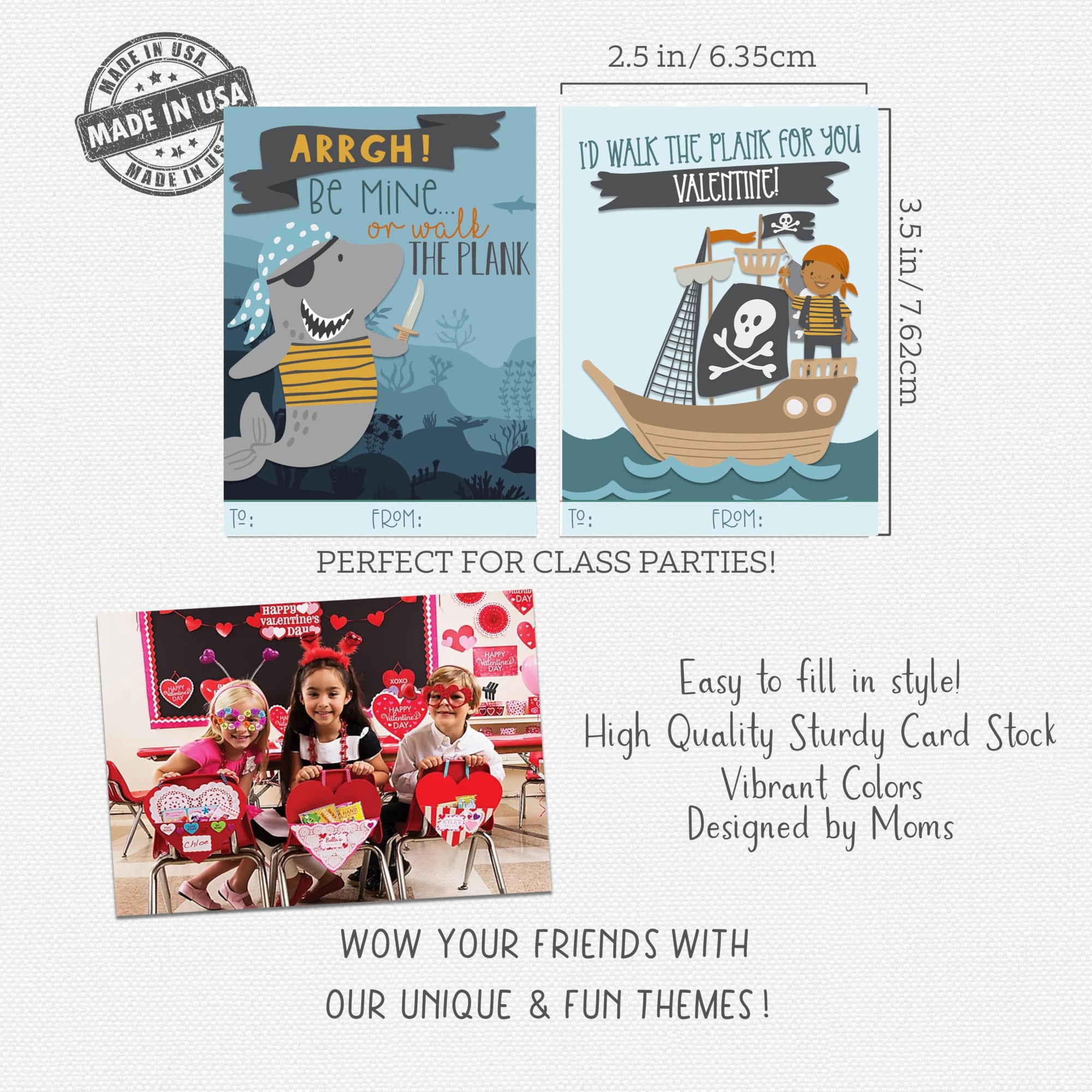 Pirate Watercolor Themed Valentines Day Card for Kids School Classroom Exchange (Set of 24) School Class Work Party