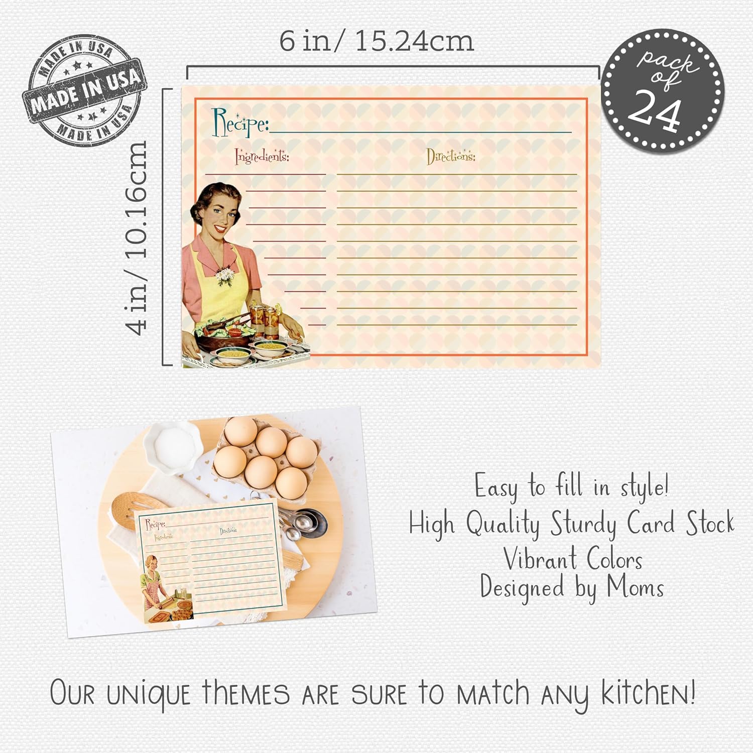 A set of 4x6 vintage style recipe cards with a retro housewife theme, including 24 cards in total, displayed with a graphic of a woman in a kitchen setting, writing on one of the cards.