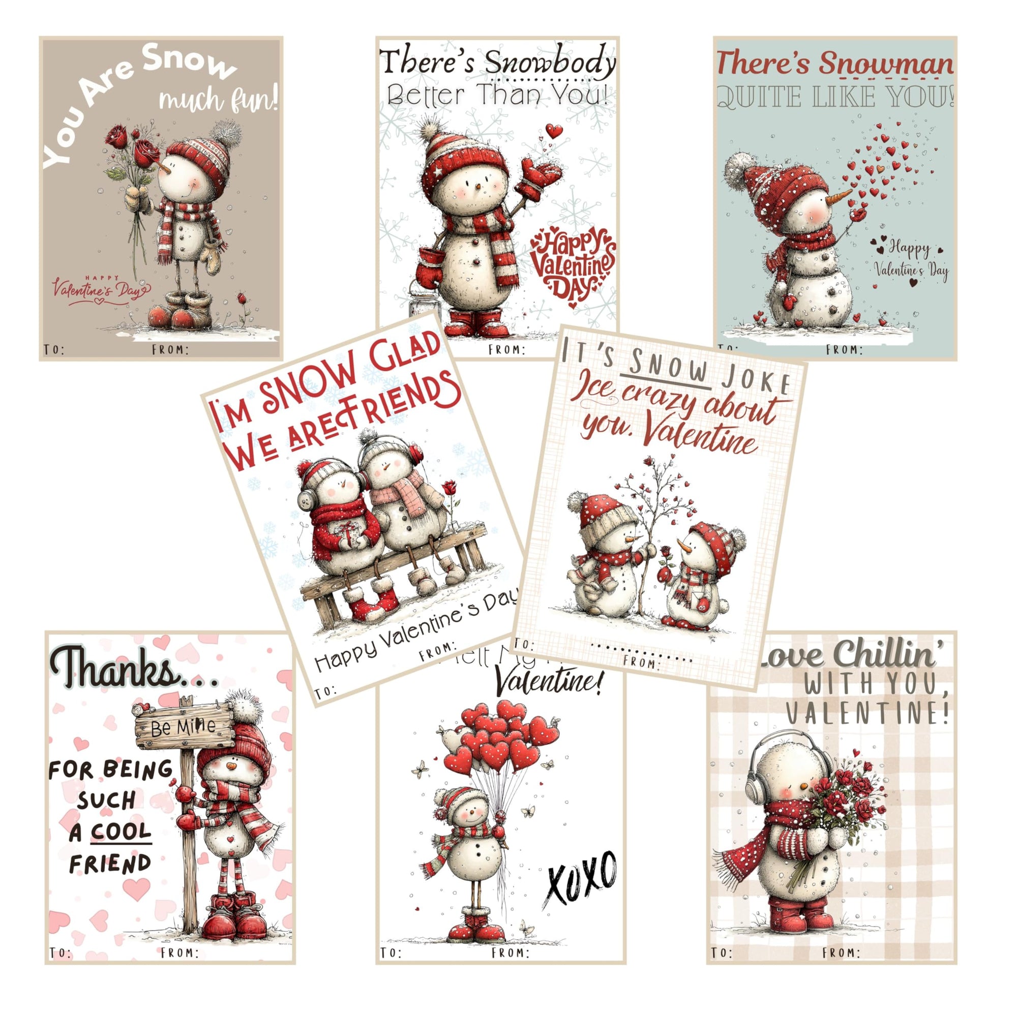 Snowman Snowpeople Valentine Day Classroom Sharing Cards (Set of 24) Valentine's Party Exchange - I'm Snow Glad We Are Friends